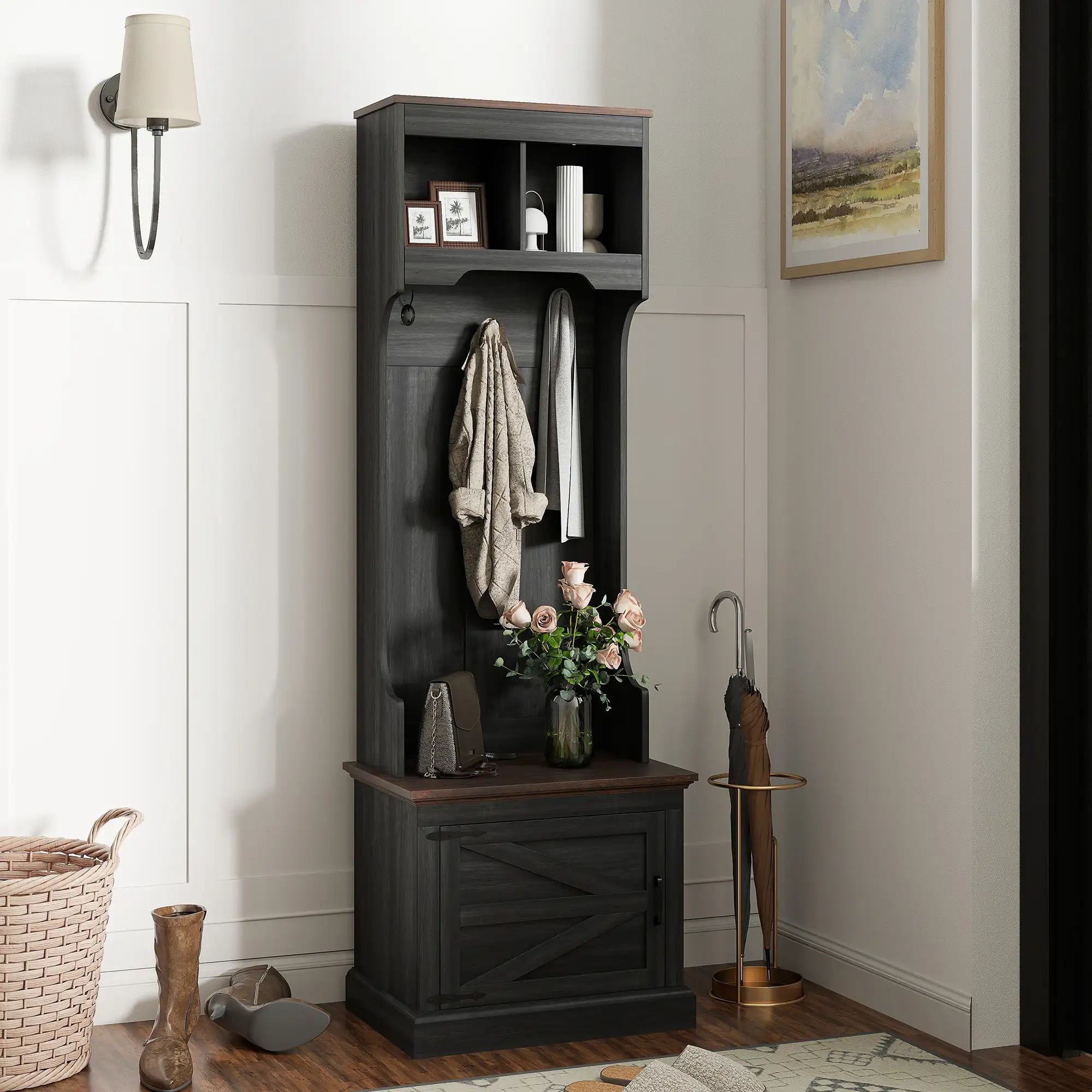 23.1" Narrow Hall Tree with Shoe Storage Bench, Coat Hooks, and Top Shelves