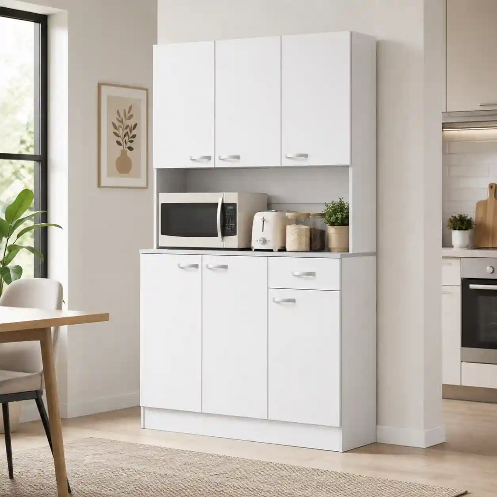71" Tall Kitchen Pantry Cabinet with Microwave Stand, 6 Doors, Drawer and 3 Adjustable Shelves