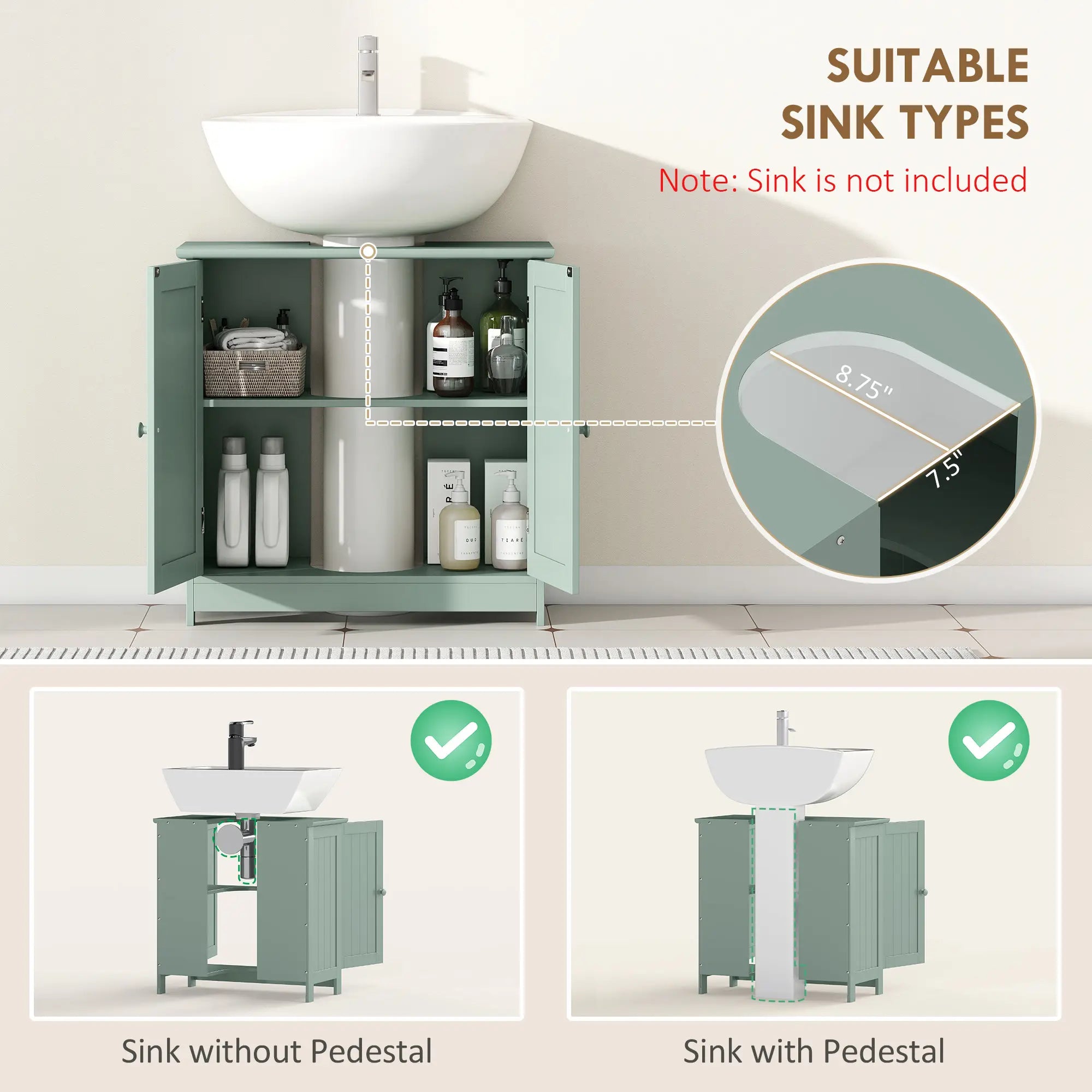 Under-Sink Bathroom Cabinet with Double Doors and Adjustable Shelf