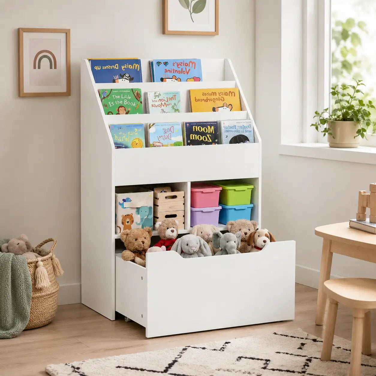 35.5" Kids Bookcase with 3 Display Shelves, 2 Cubby Compartments and Mobile Toy Drawer
