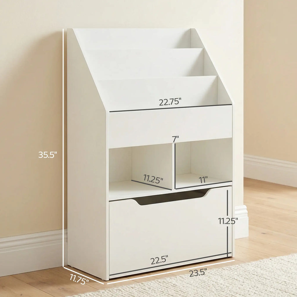 35.5" Kids Bookcase with 3 Display Shelves, 2 Cubby Compartments and Mobile Toy Drawer