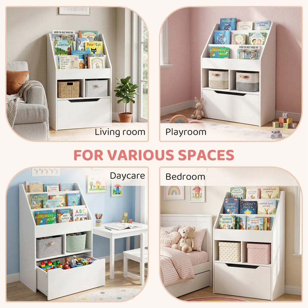 35.5" Kids Bookcase with 3 Display Shelves, 2 Cubby Compartments and Mobile Toy Drawer