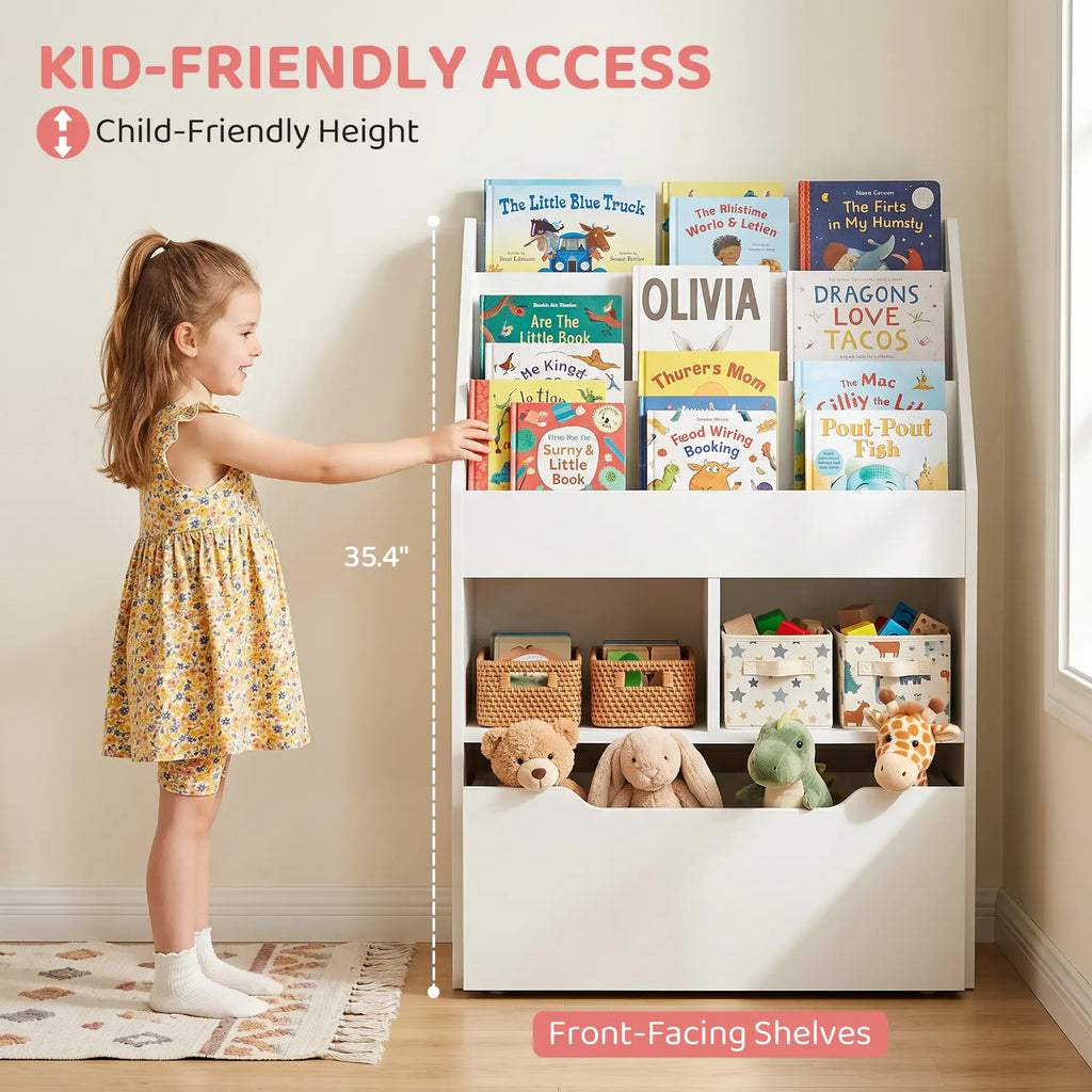 35.5" Kids Bookcase with 3 Display Shelves, 2 Cubby Compartments and Mobile Toy Drawer
