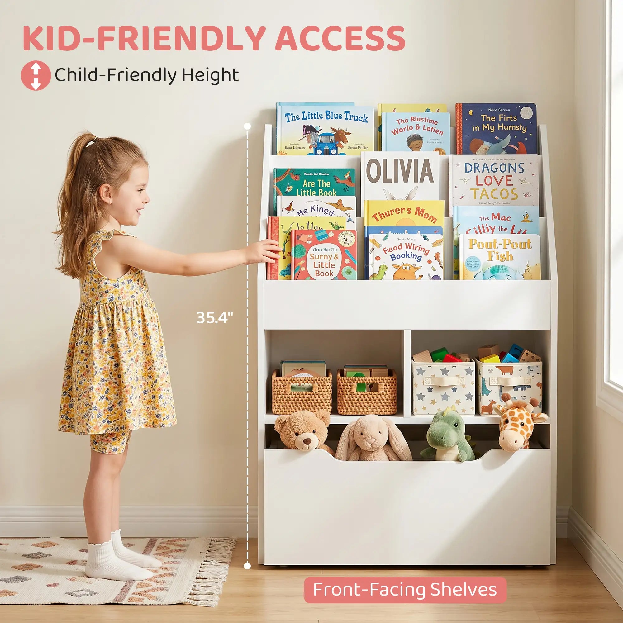 35.5" Kids Bookcase with 3 Display Shelves, 2 Cubby Compartments and Mobile Toy Drawer