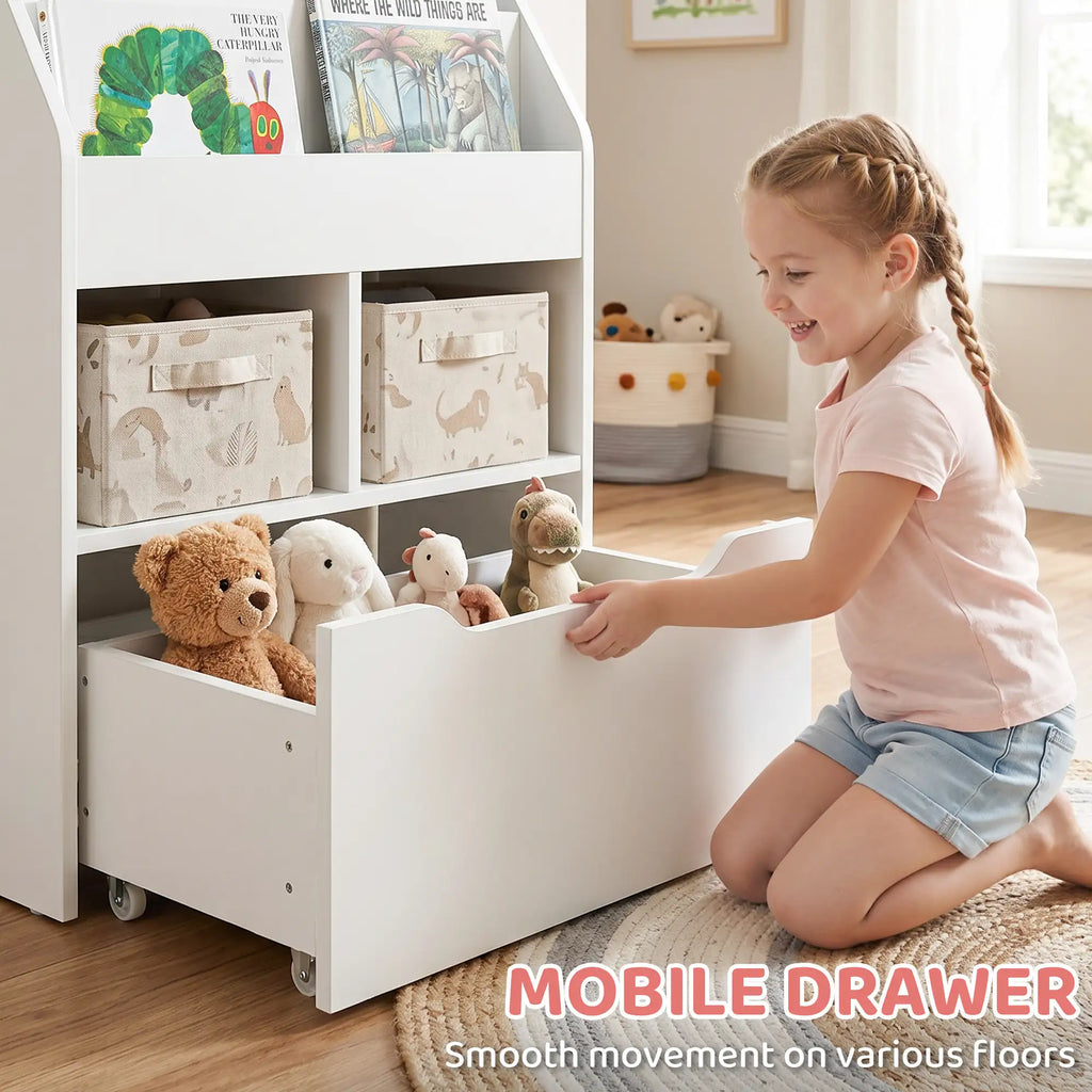 35.5" Kids Bookcase with 3 Display Shelves, 2 Cubby Compartments and Mobile Toy Drawer