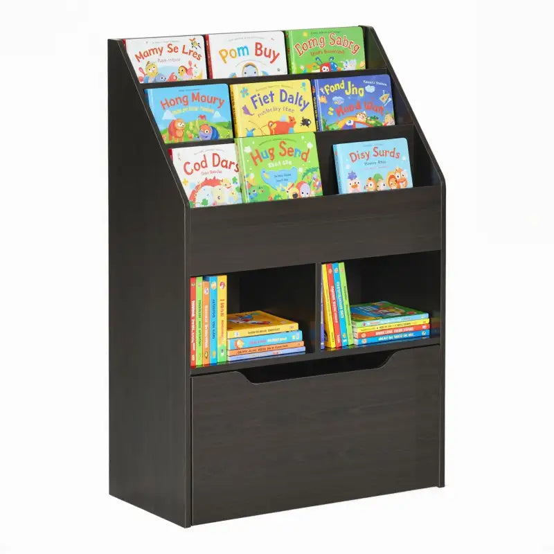 35.5" Kids Bookcase with 3 Display Shelves, 2 Cubby Compartments and Mobile Toy Drawer