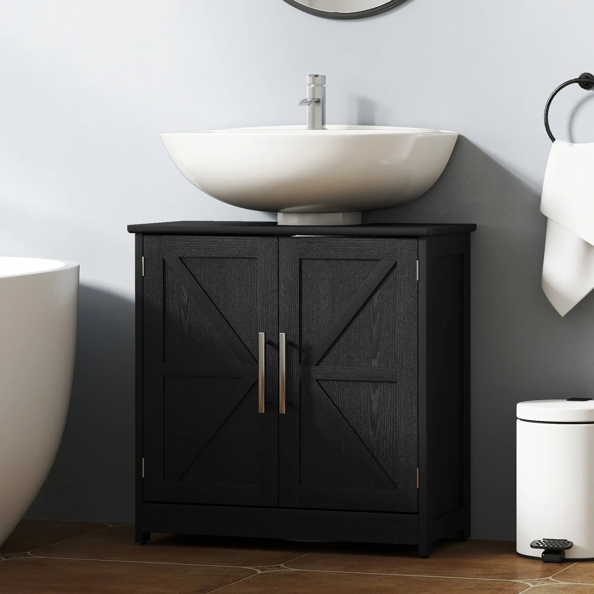 Farmhouse Under-Sink Bathroom Cabinet with Barn Doors and Adjustable Shelf