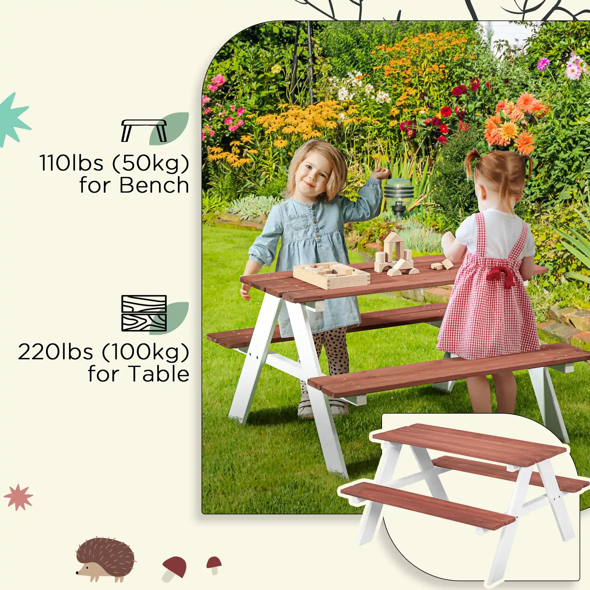 35" Kids Wooden Picnic Table with Attached Benches for Indoor and Outdoor Use
