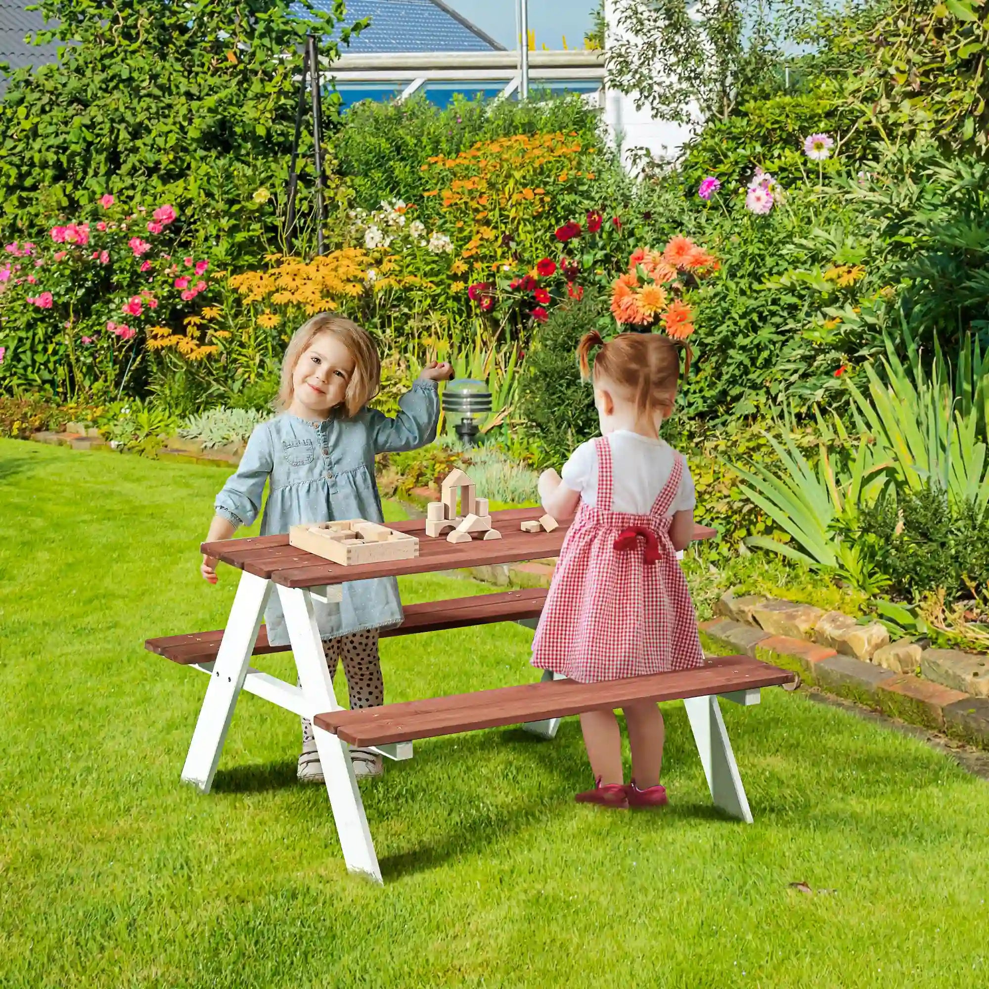 35" Kids Wooden Picnic Table with Attached Benches for Indoor and Outdoor Use