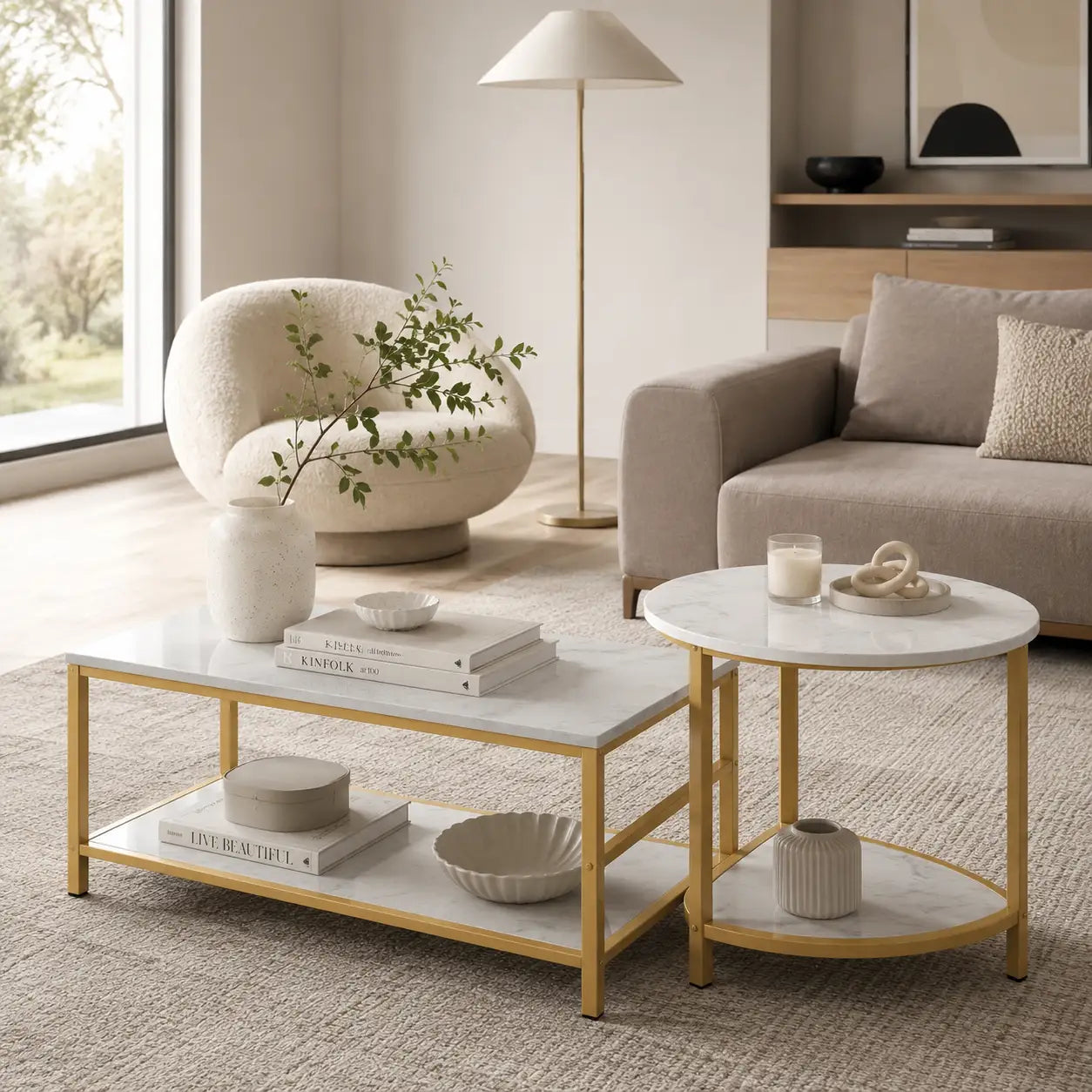 2-Piece Faux Marble Coffee Table Set with 2-Tier Storage Shelves