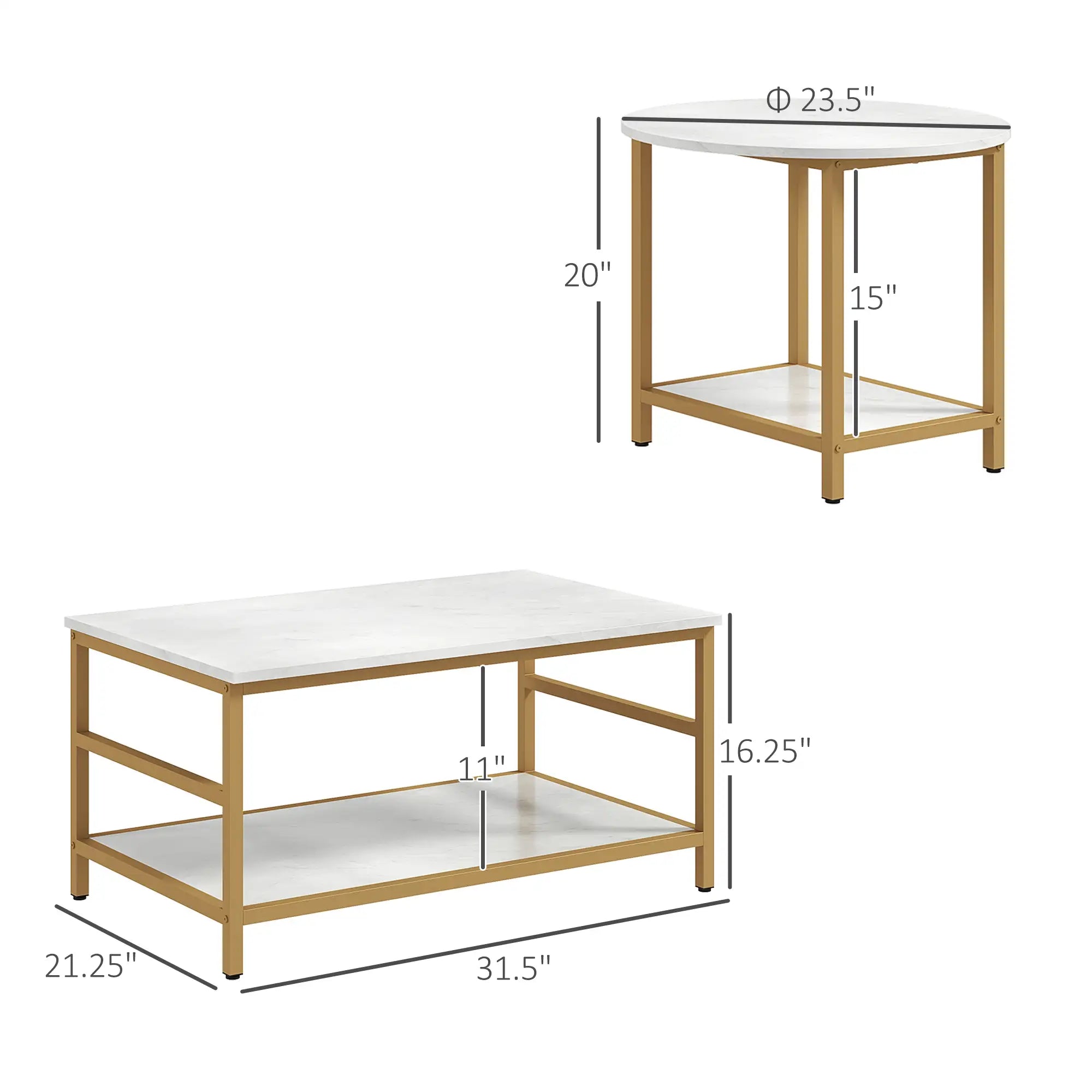2-Piece Faux Marble Coffee Table Set with 2-Tier Storage Shelves