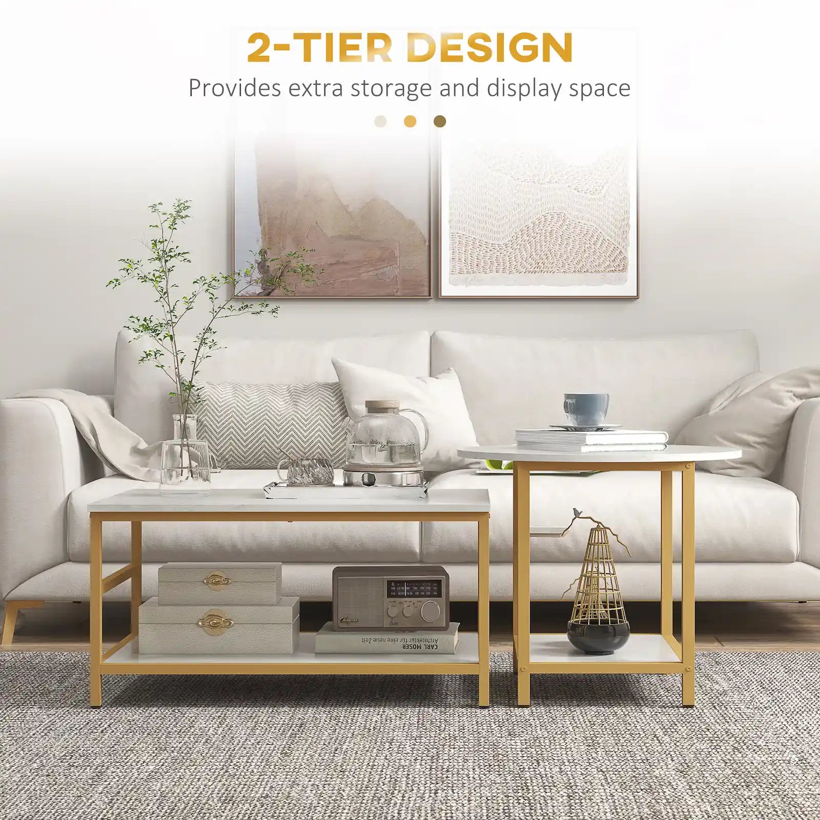 2-Piece Faux Marble Coffee Table Set with 2-Tier Storage Shelves