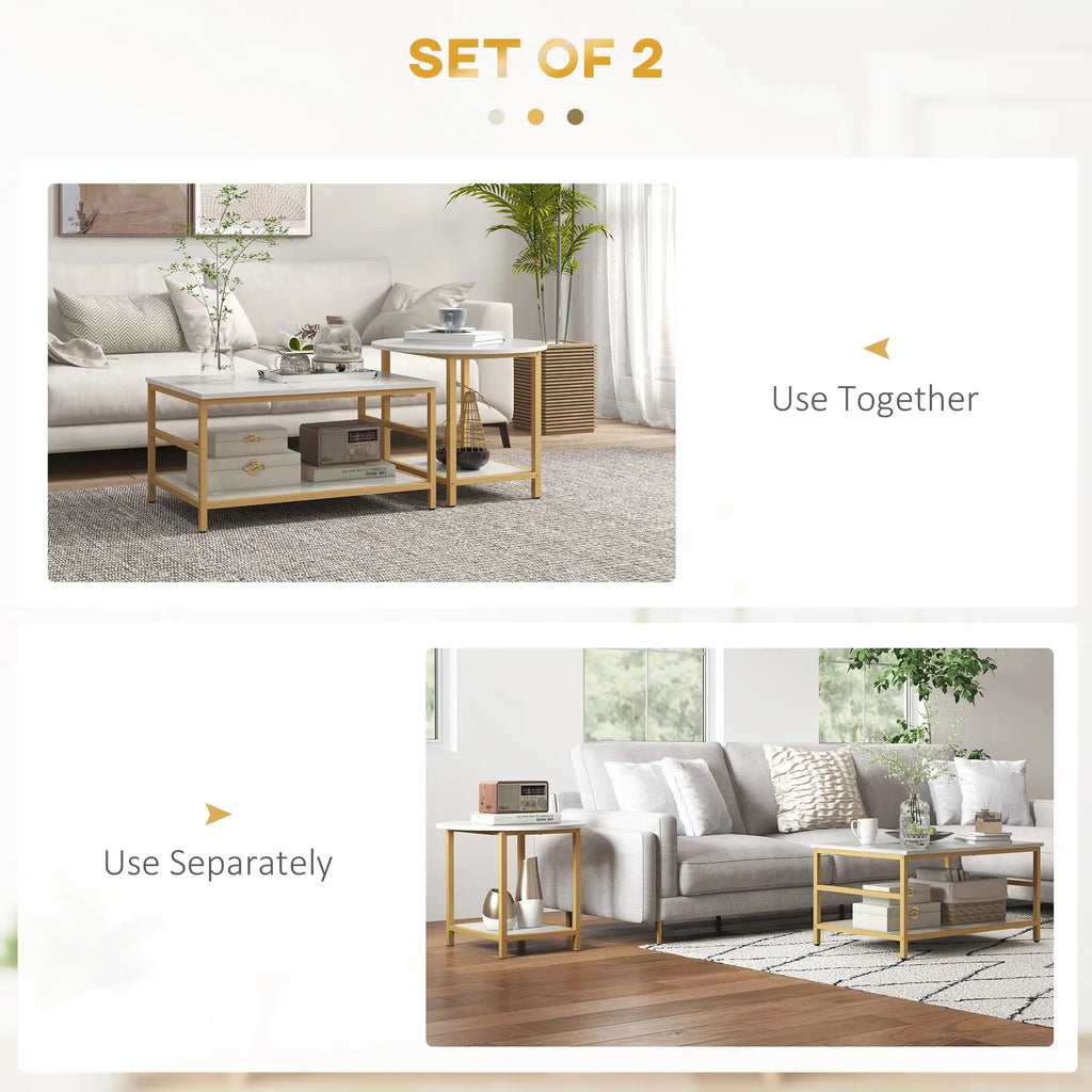 2-Piece Faux Marble Coffee Table Set with 2-Tier Storage Shelves
