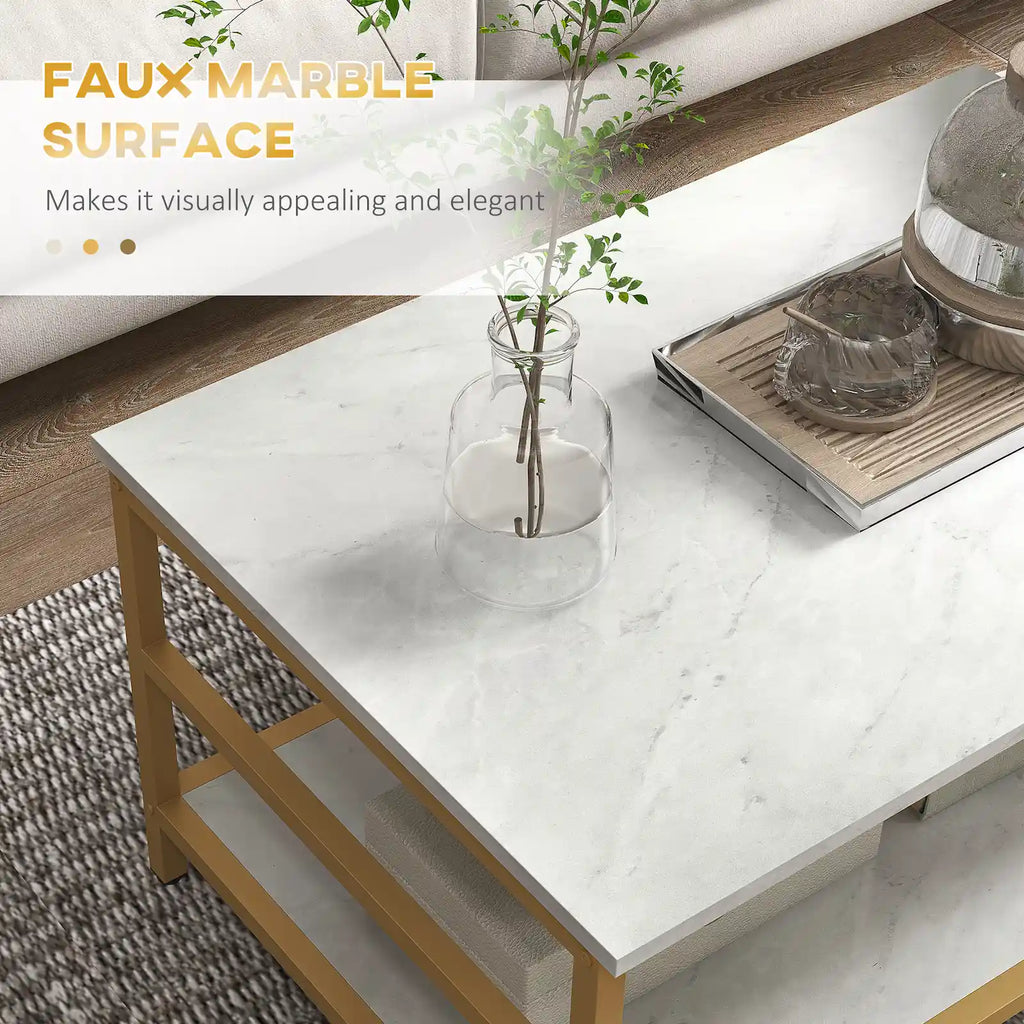 2-Piece Faux Marble Coffee Table Set with 2-Tier Storage Shelves