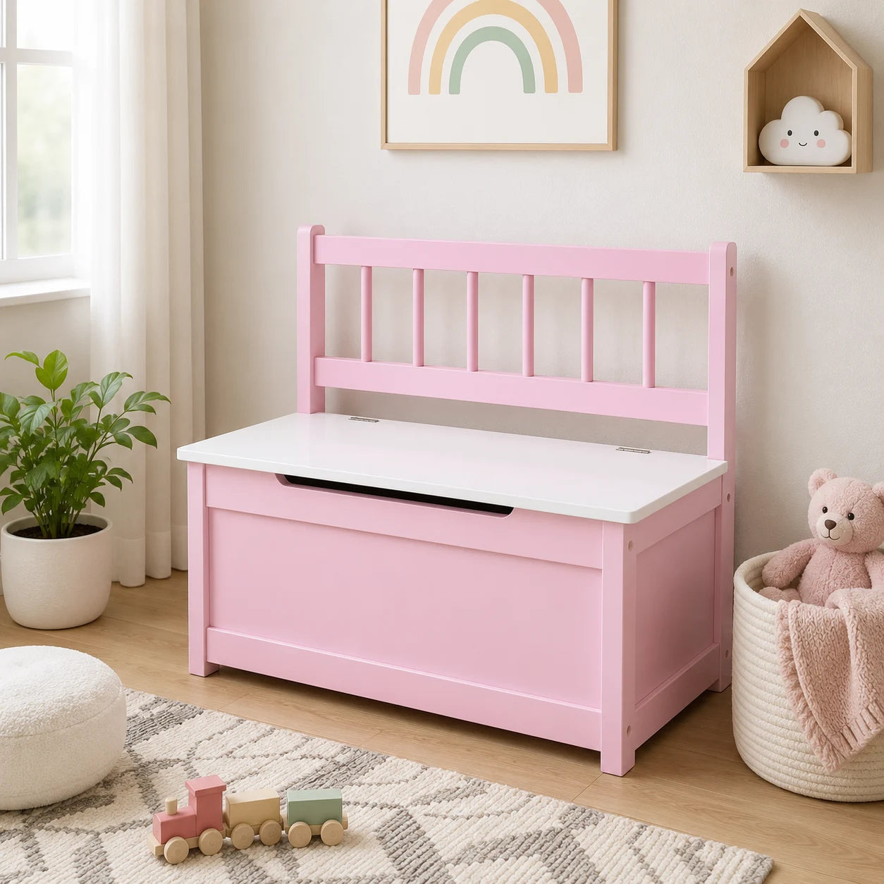 23.5" Kids Toy Storage Bench with Safety-Hinged Lid and Backrest