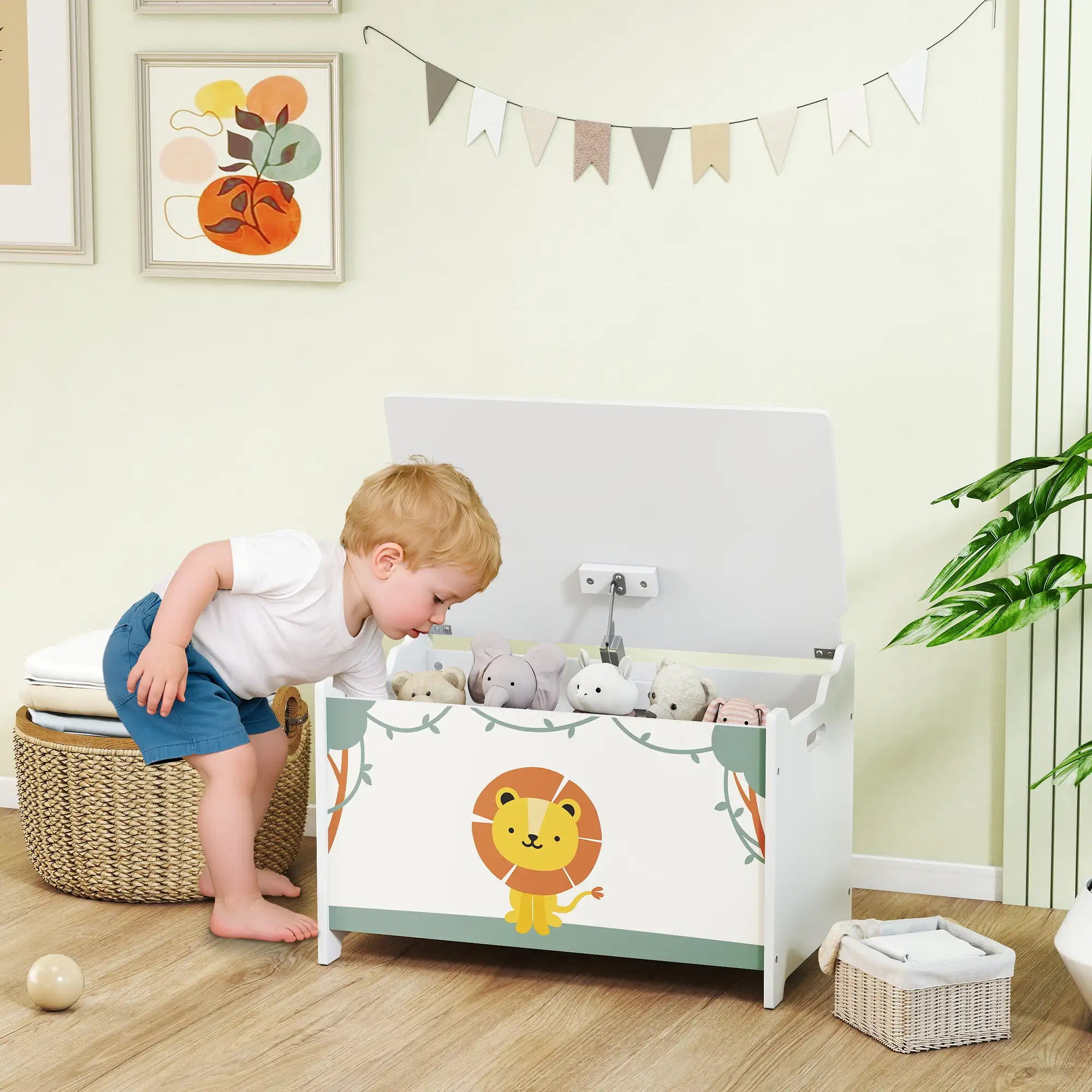 23.6" Kids Toy Storage Box with Safety-Hinged Lid and Groove Handles