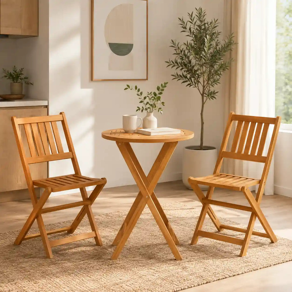 3-Piece Folding Acacia Wood Bistro Set with 21.75" Round Table and 2 Slatted Chairs