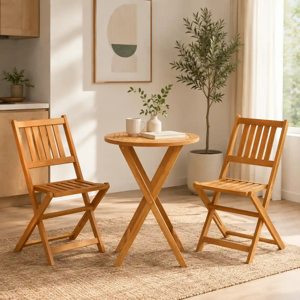 3-Piece Folding Acacia Wood Bistro Set with 21.75" Round Table and 2 Slatted Chairs