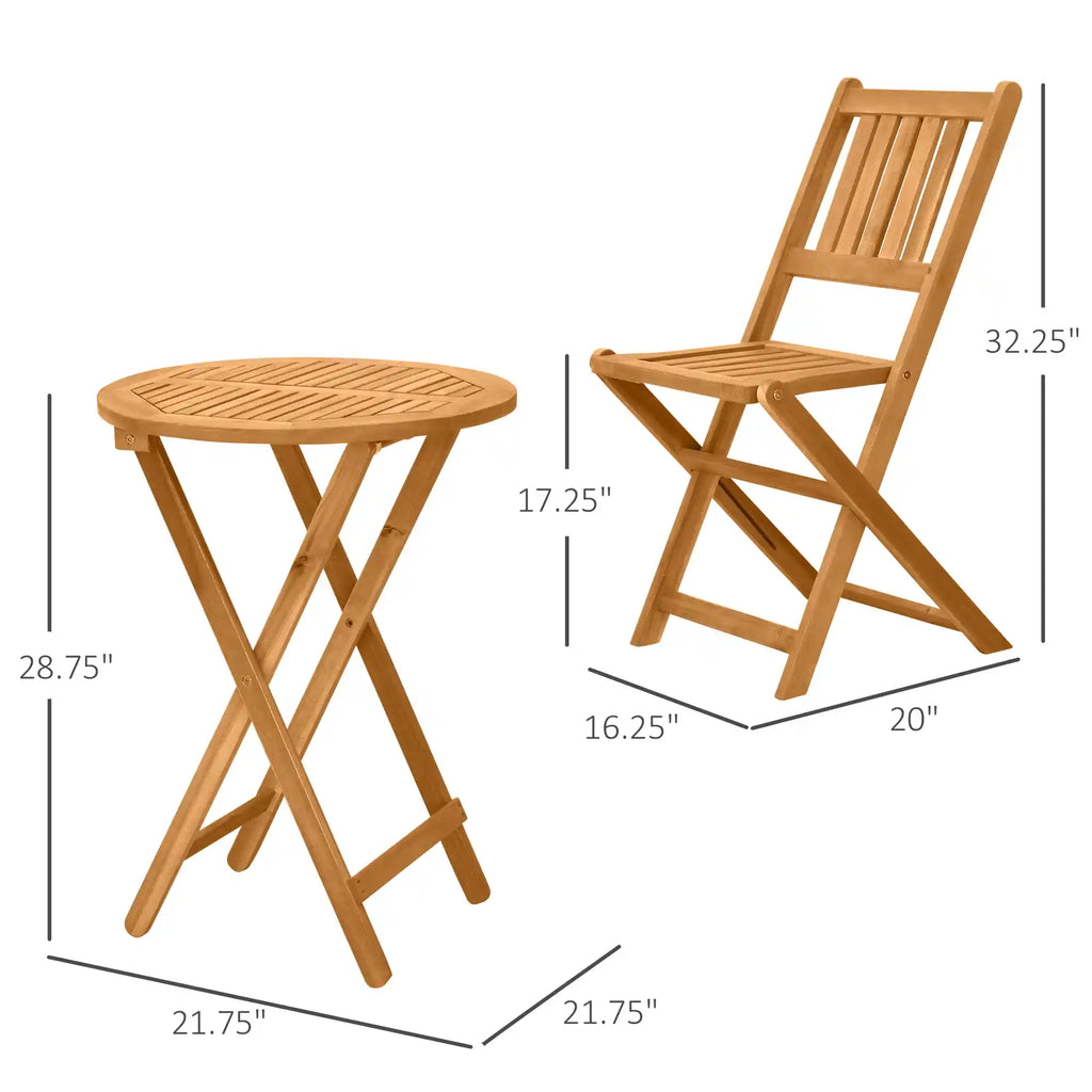 3-Piece Folding Acacia Wood Bistro Set with 21.75" Round Table and 2 Slatted Chairs