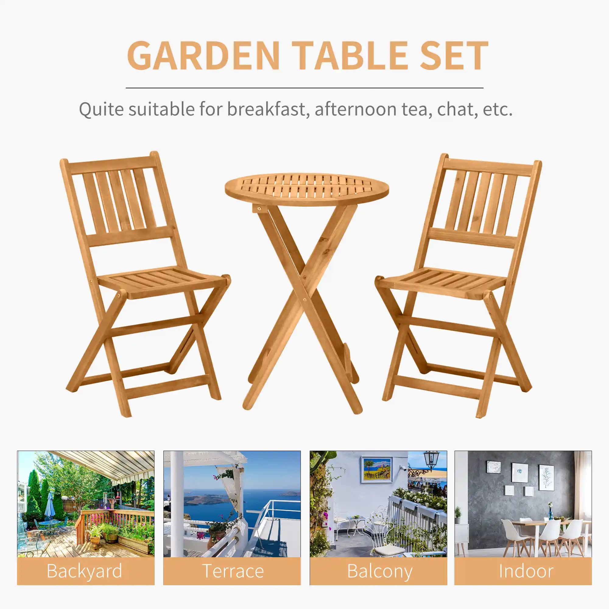 3-Piece Folding Acacia Wood Bistro Set with 21.75" Round Table and 2 Slatted Chairs