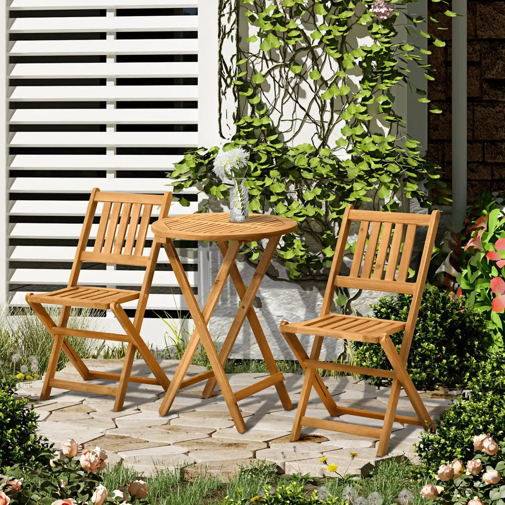 3-Piece Folding Acacia Wood Bistro Set with 21.75" Round Table and 2 Slatted Chairs