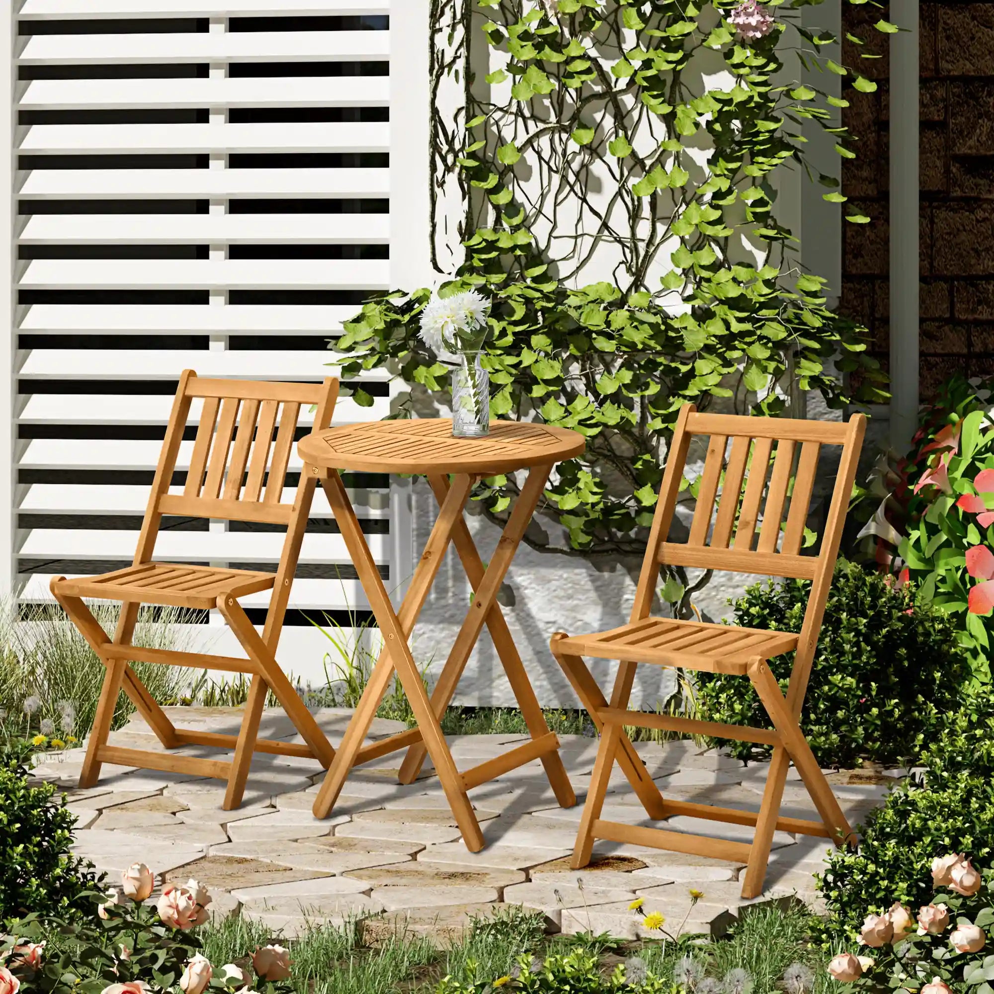 3-Piece Folding Acacia Wood Bistro Set with 21.75" Round Table and 2 Slatted Chairs