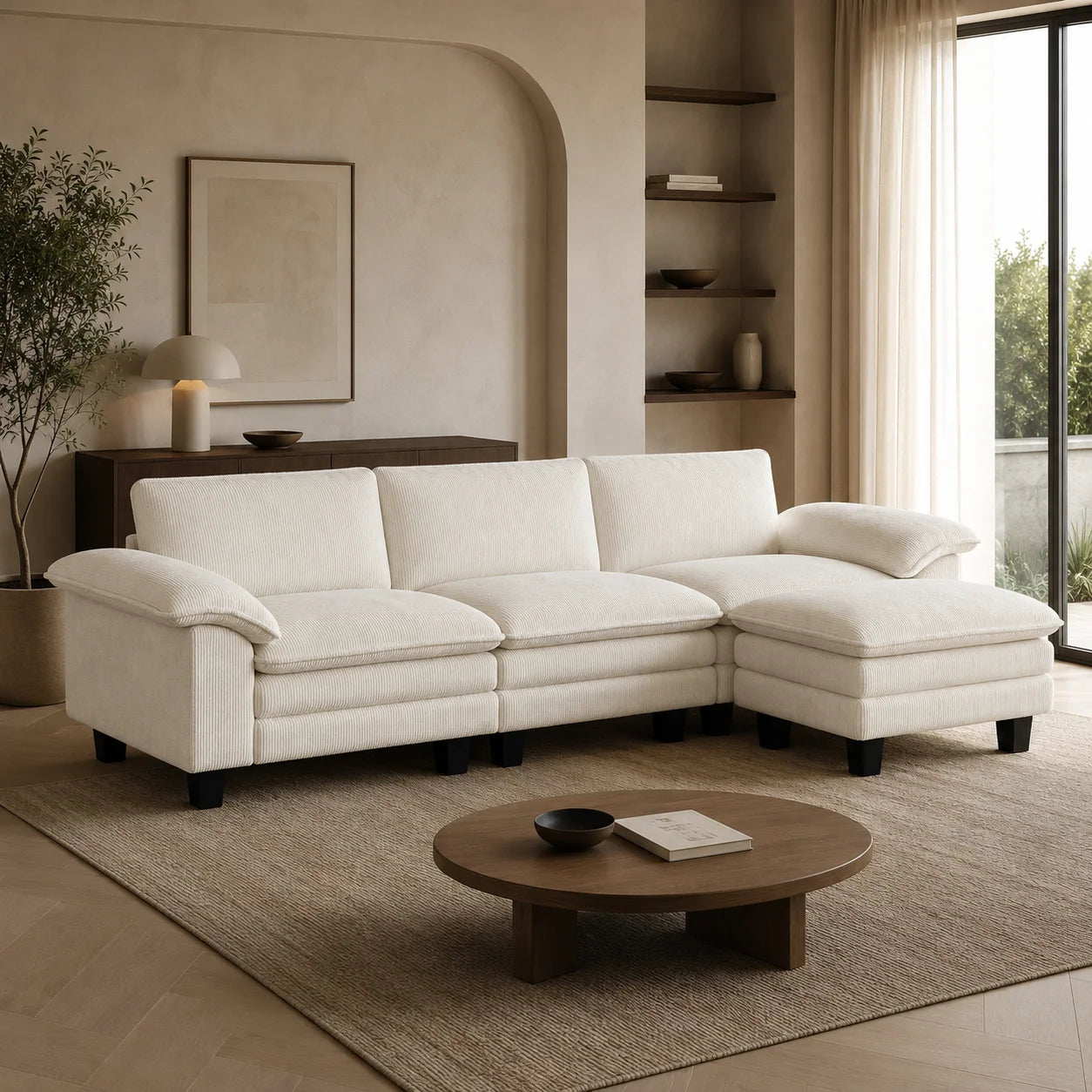 124.4" Extra-Wide Corduroy Sectional Sofa with Movable Ottoman and Pillow-Top Arms