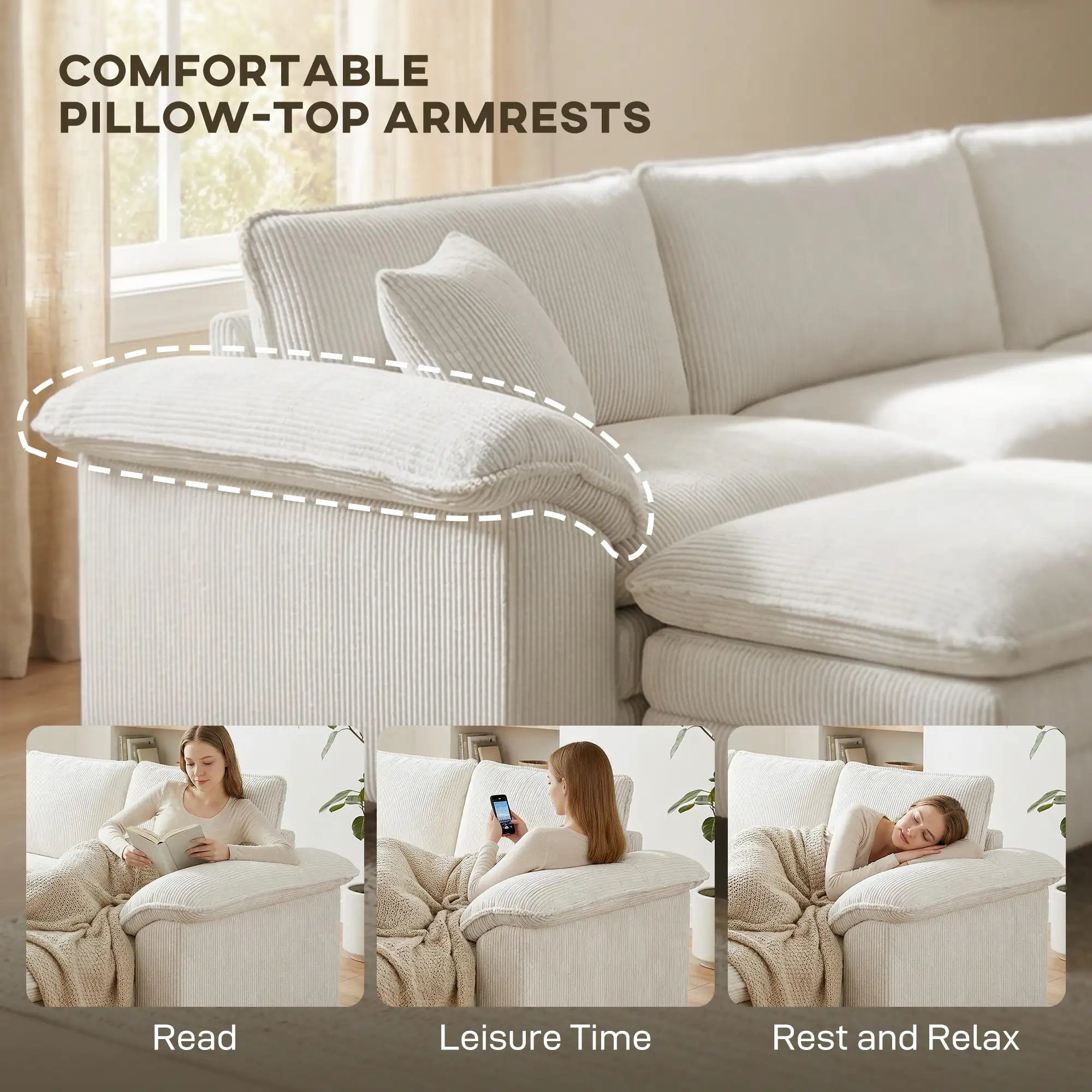 124.4" Extra-Wide Corduroy Sectional Sofa with Movable Ottoman and Pillow-Top Arms