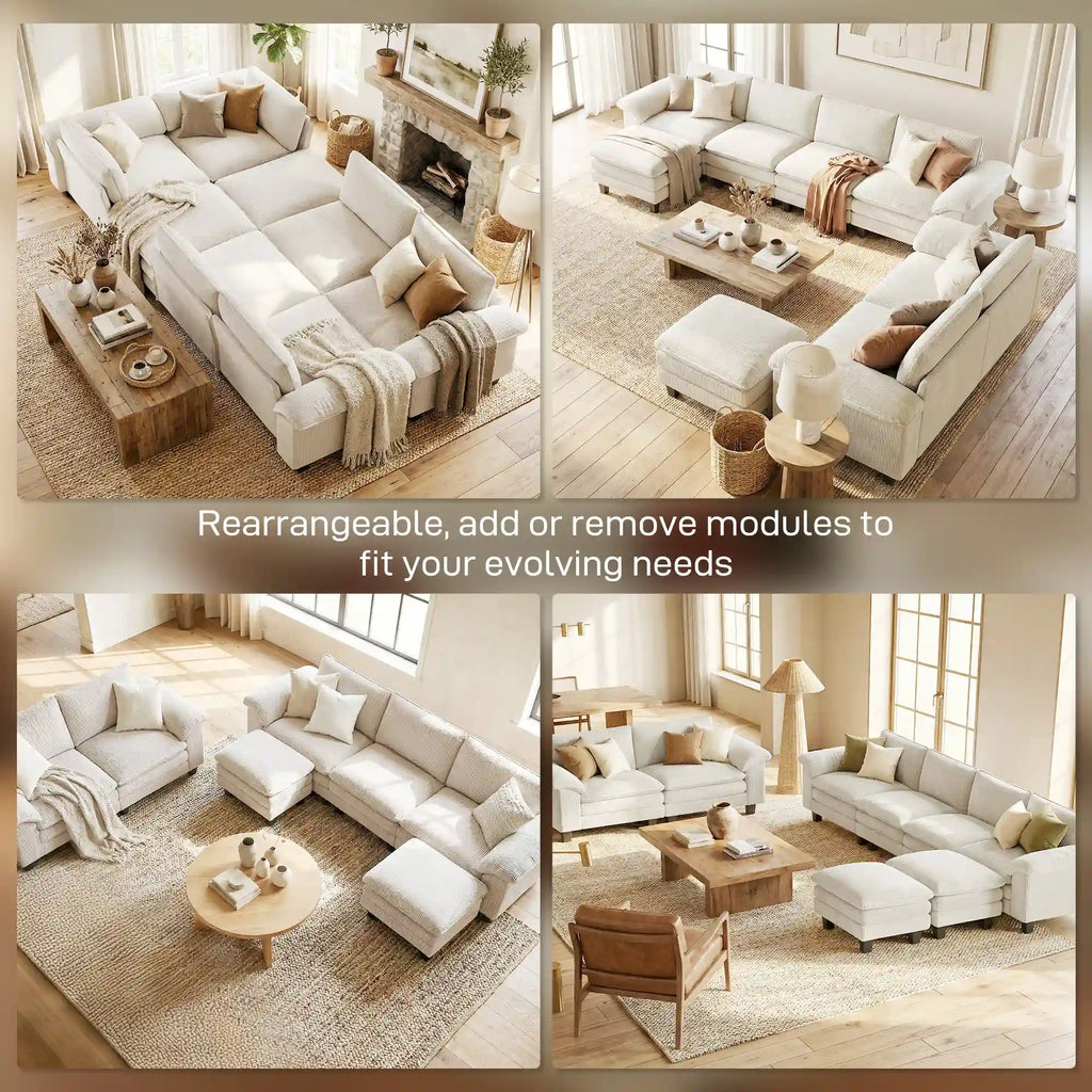 124.4" Extra-Wide Corduroy Sectional Sofa with Movable Ottoman and Pillow-Top Arms