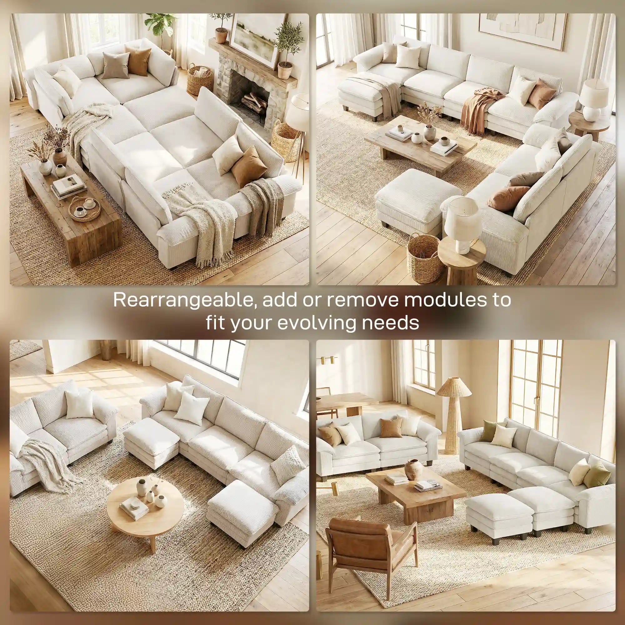 124.4" Extra-Wide Corduroy Sectional Sofa with Movable Ottoman and Pillow-Top Arms