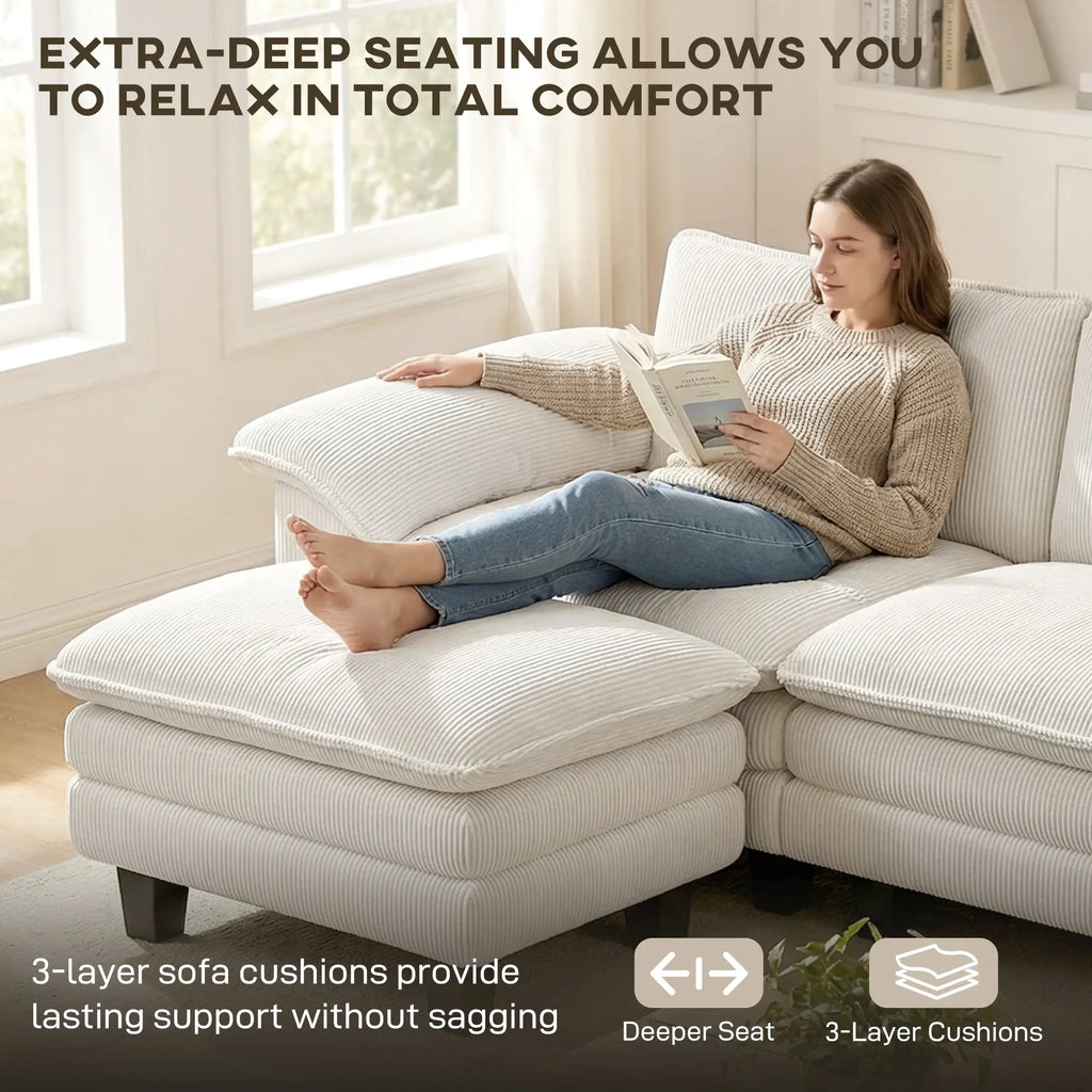 124.4" Extra-Wide Corduroy Sectional Sofa with Movable Ottoman and Pillow-Top Arms