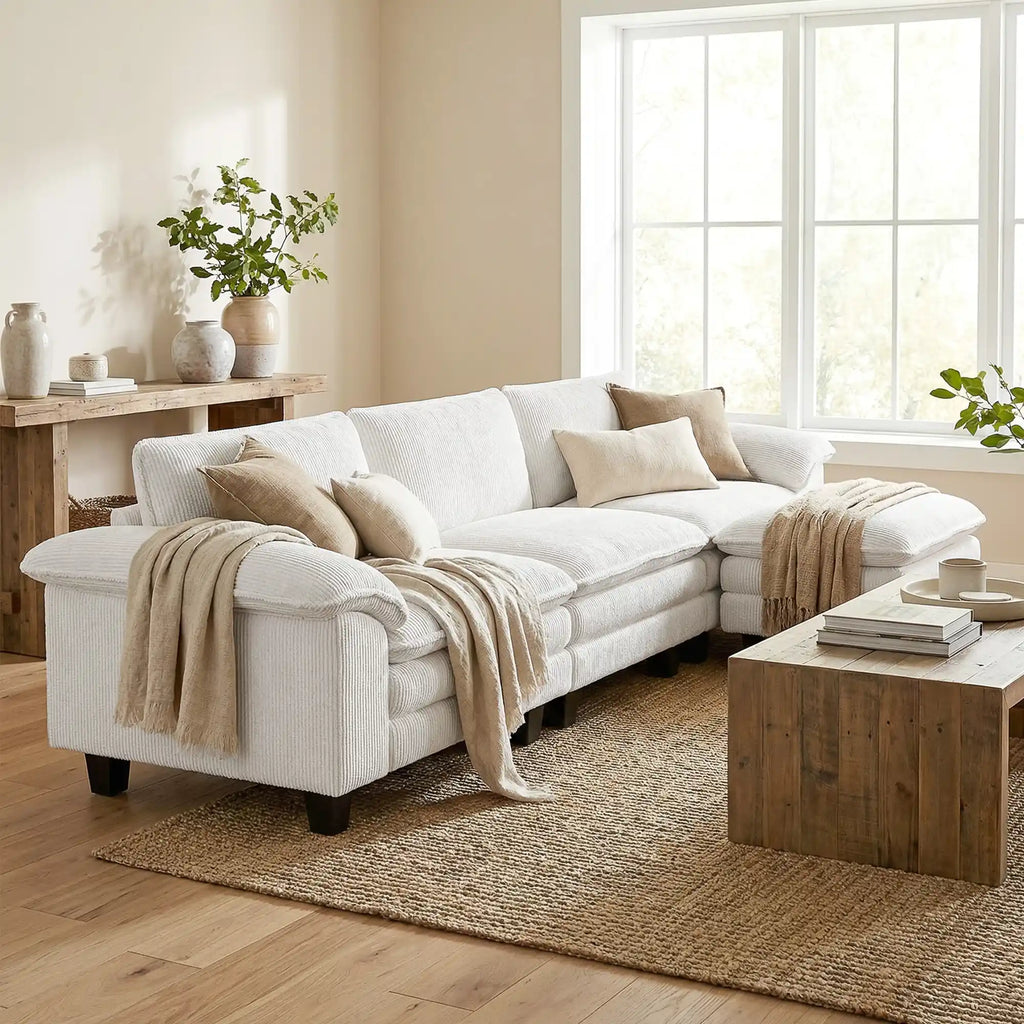 124.4" Extra-Wide Corduroy Sectional Sofa with Movable Ottoman and Pillow-Top Arms