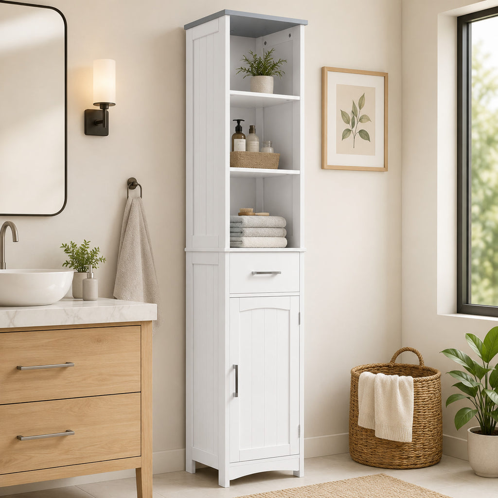 64.25" Tall Narrow Bathroom Storage Cabinet with 3 Open Shelves, Drawer and Adjustable Shelf