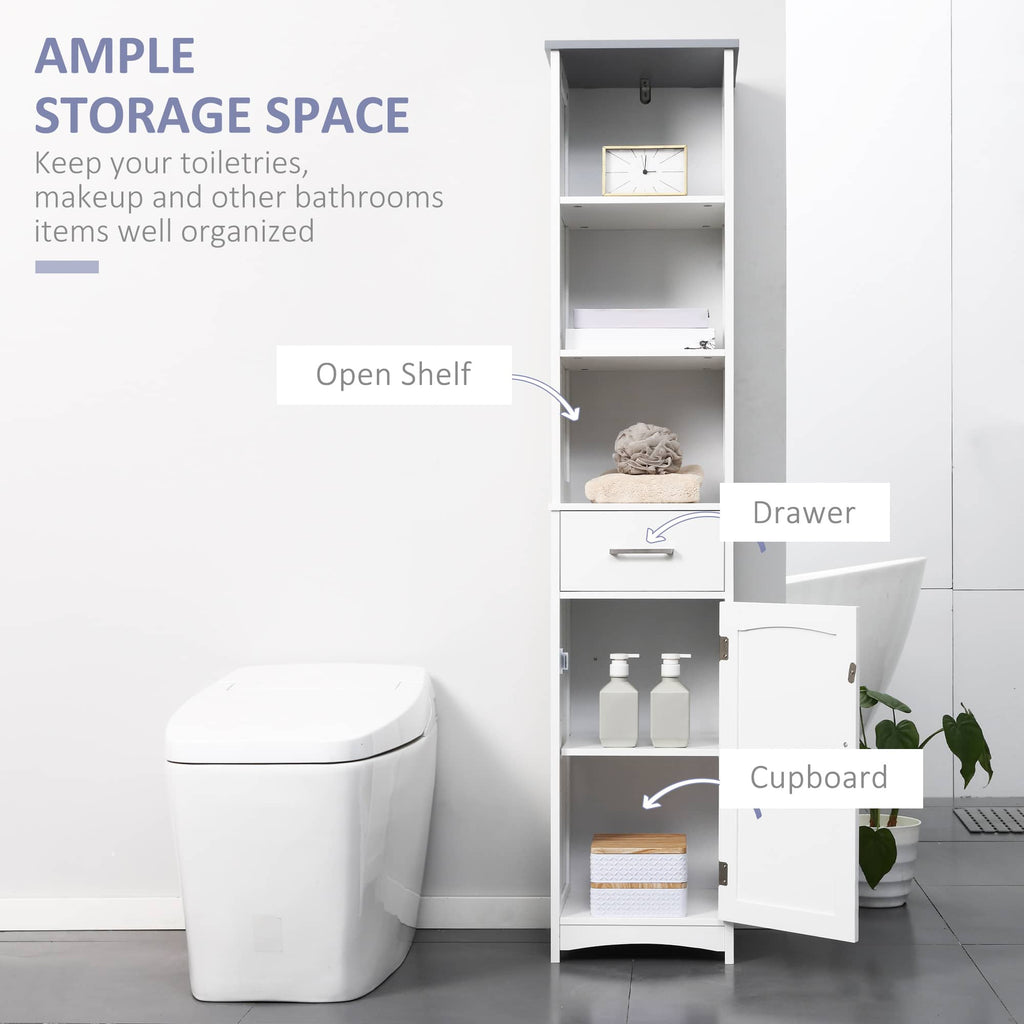 64.25" Tall Narrow Bathroom Storage Cabinet with 3 Open Shelves, Drawer and Adjustable Shelf