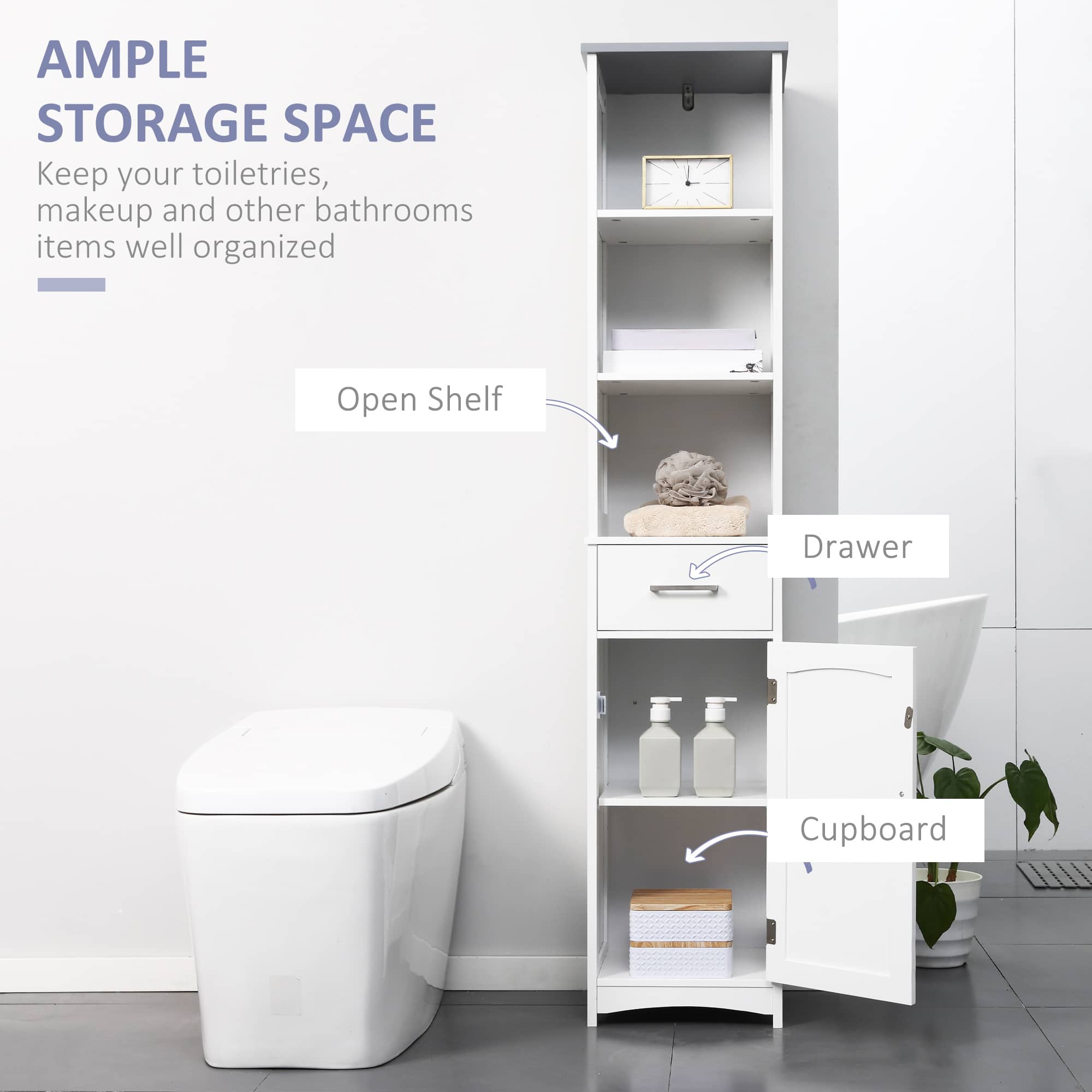 64.25" Tall Narrow Bathroom Storage Cabinet with 3 Open Shelves, Drawer and Adjustable Shelf