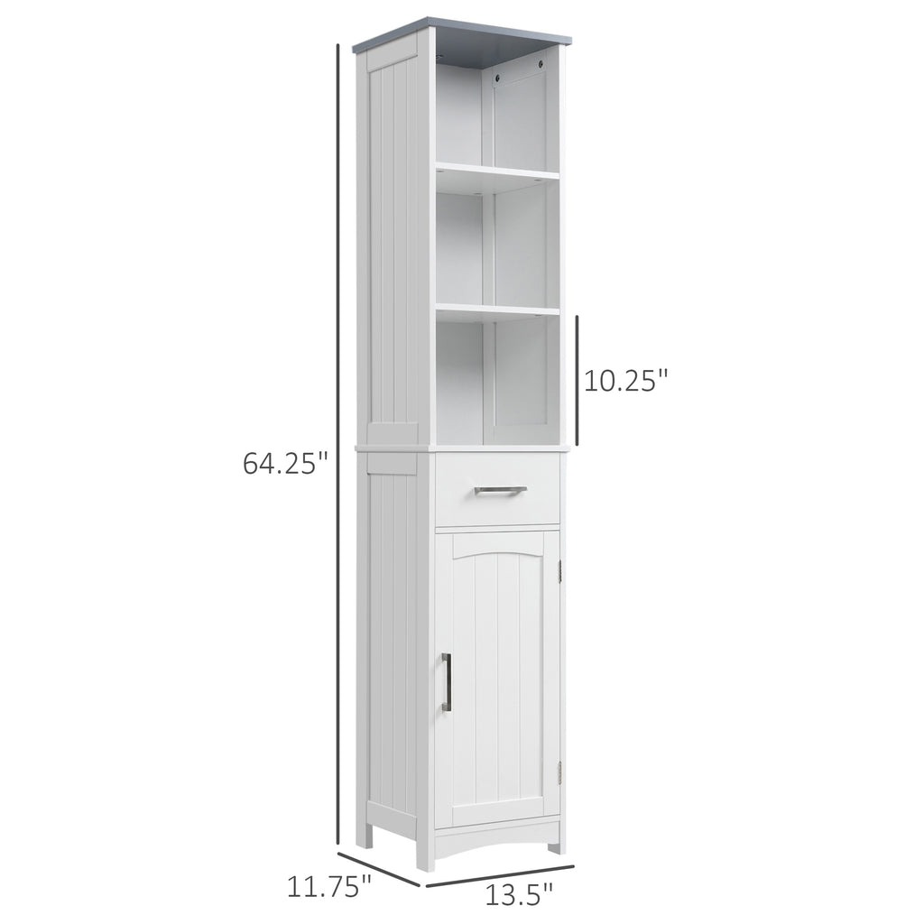 64.25" Tall Narrow Bathroom Storage Cabinet with 3 Open Shelves, Drawer and Adjustable Shelf