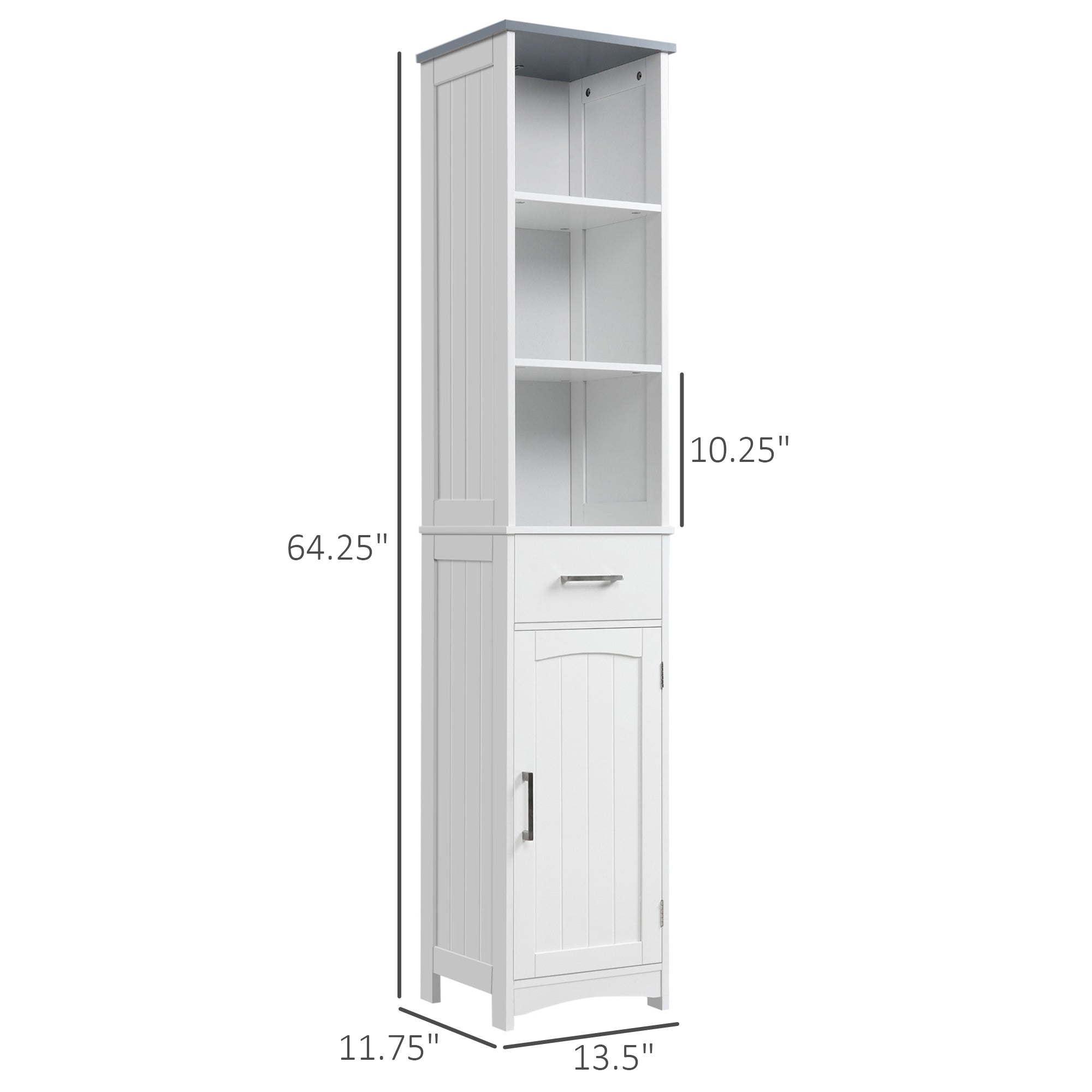 64.25" Tall Narrow Bathroom Storage Cabinet with 3 Open Shelves, Drawer and Adjustable Shelf
