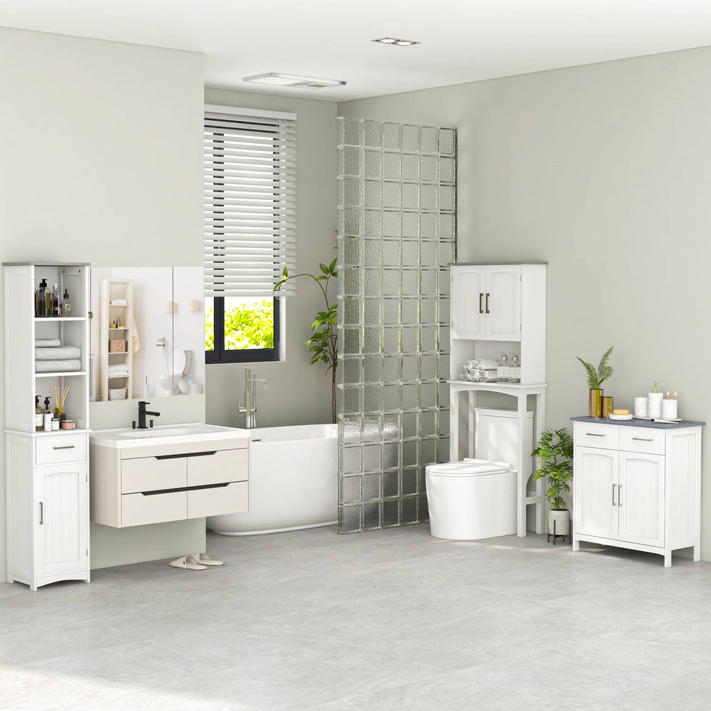 64.25" Tall Narrow Bathroom Storage Cabinet with 3 Open Shelves, Drawer and Adjustable Shelf