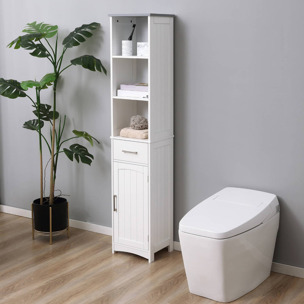 64.25" Tall Narrow Bathroom Storage Cabinet with 3 Open Shelves, Drawer and Adjustable Shelf