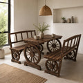 3-Piece Wagon Wheel Patio Dining Set with Table and 2 Benches, Seats 4