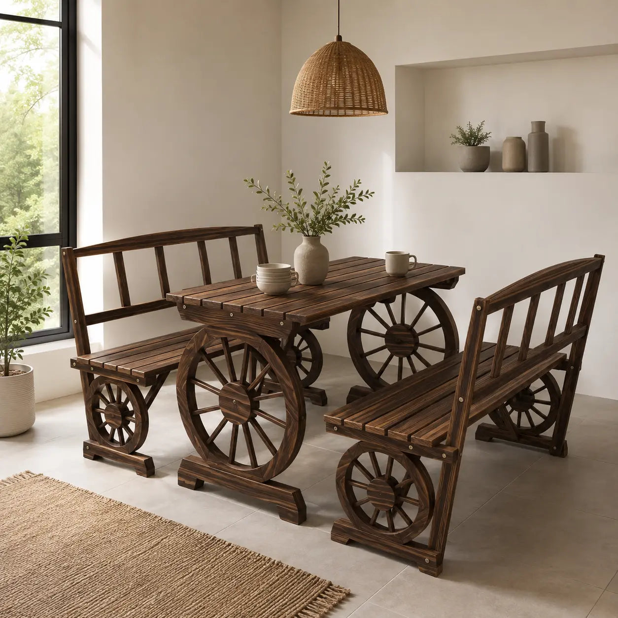 3-Piece Wagon Wheel Patio Dining Set with Table and 2 Benches, Seats 4