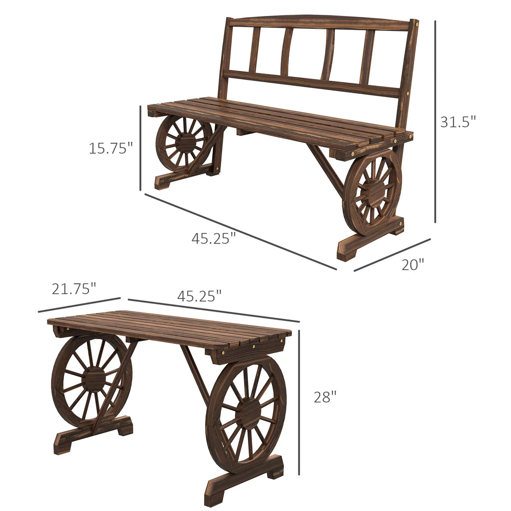 3-Piece Wagon Wheel Patio Dining Set with Table and 2 Benches, Seats 4
