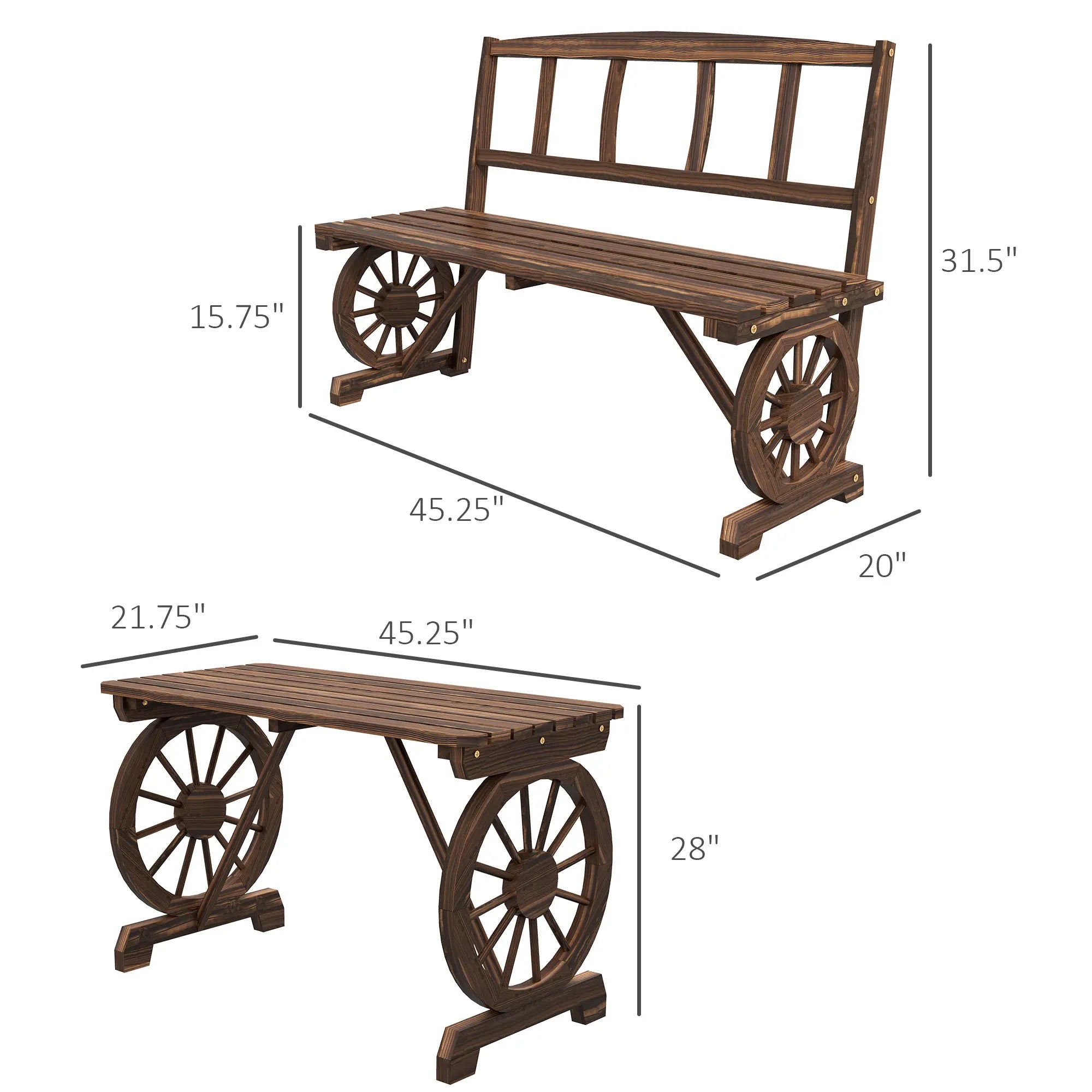3-Piece Wagon Wheel Patio Dining Set with Table and 2 Benches, Seats 4