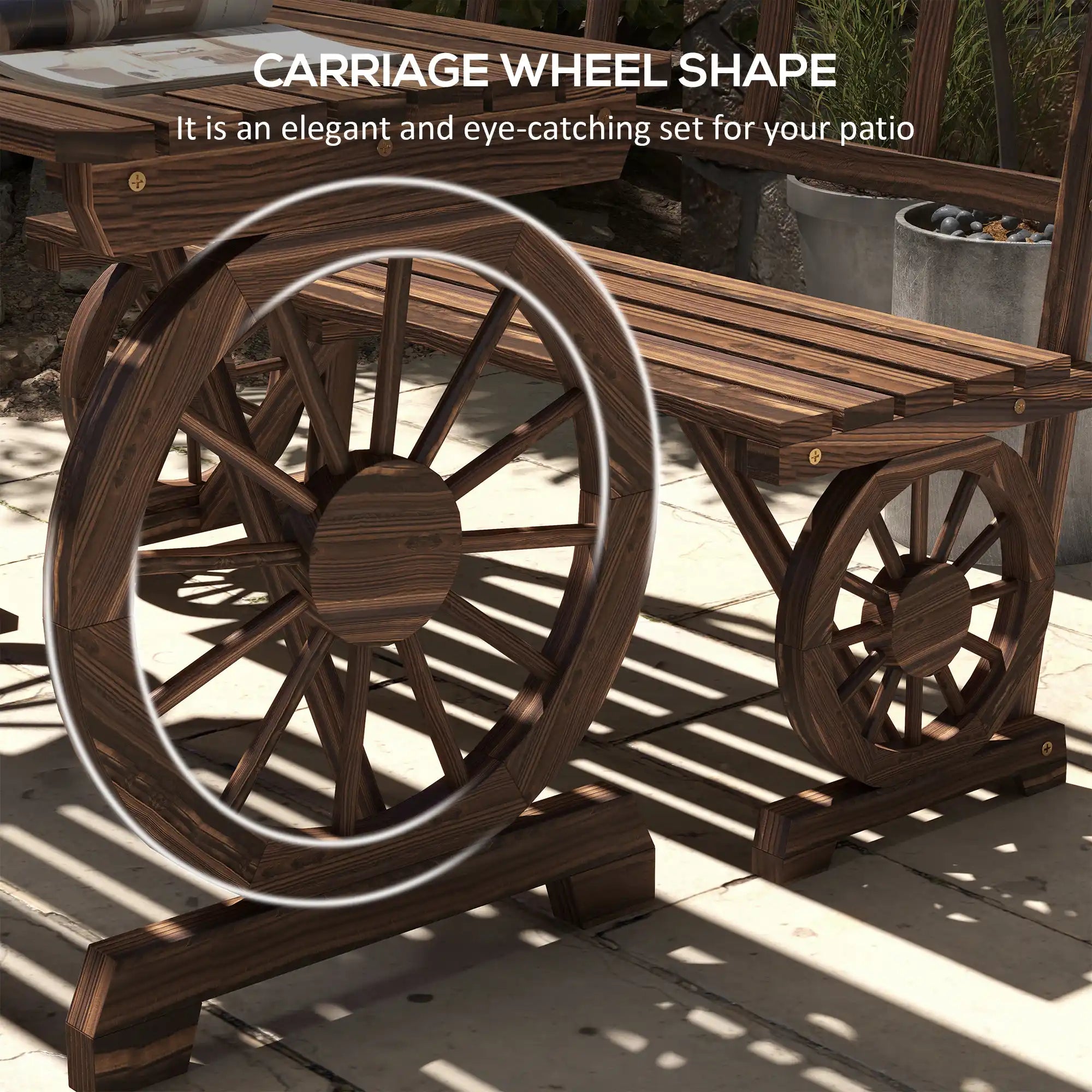 3-Piece Wagon Wheel Patio Dining Set with Table and 2 Benches, Seats 4