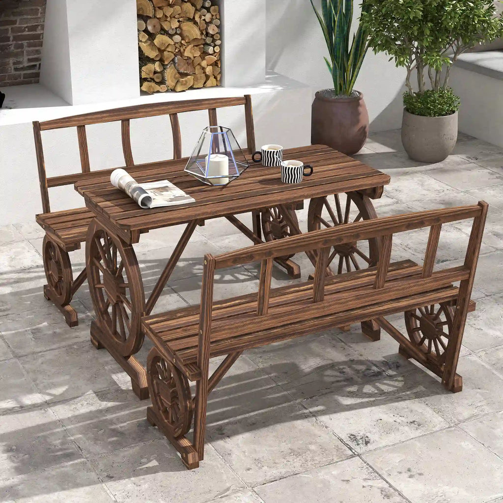 3-Piece Wagon Wheel Patio Dining Set with Table and 2 Benches, Seats 4