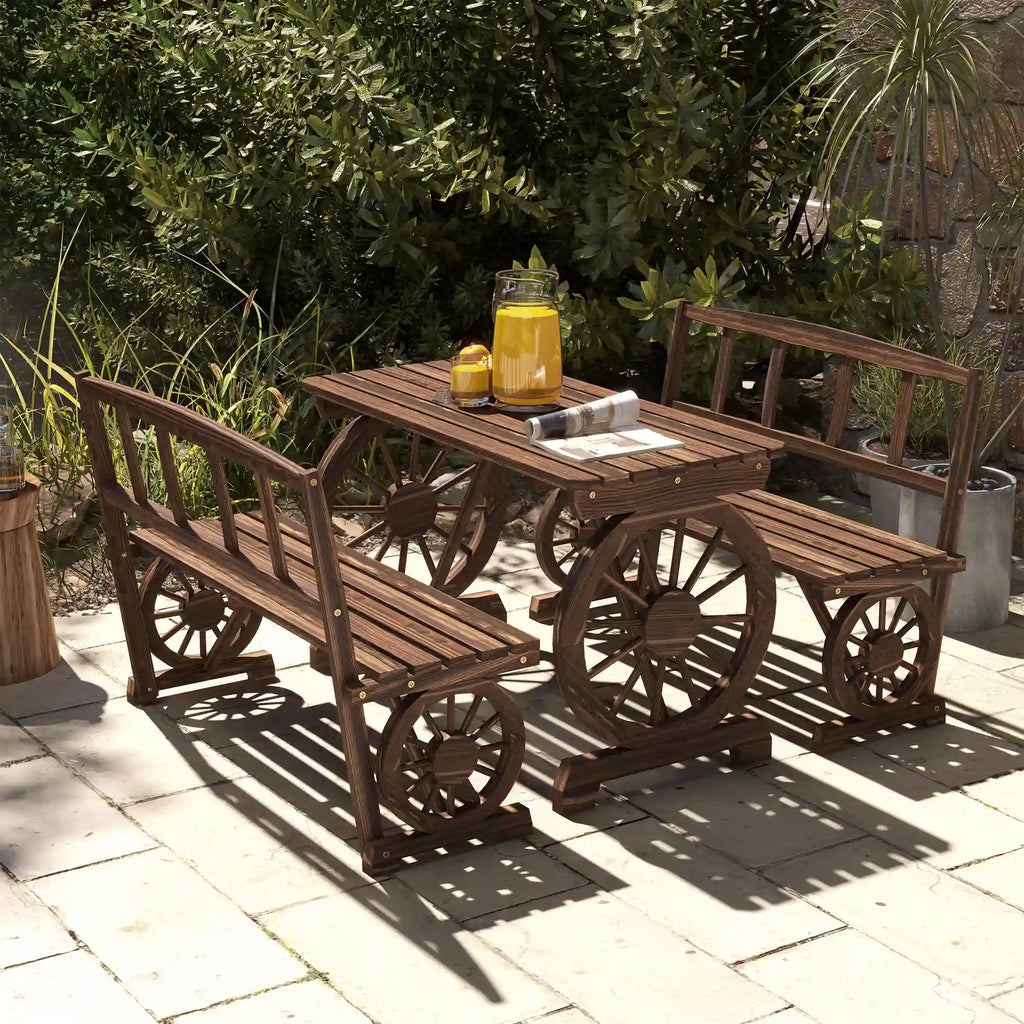 3-Piece Wagon Wheel Patio Dining Set with Table and 2 Benches, Seats 4