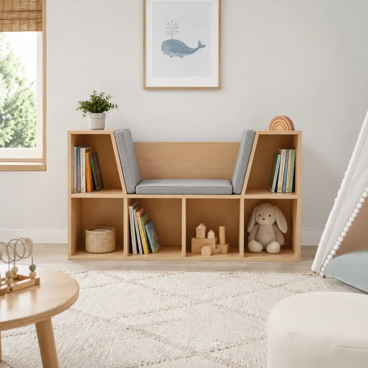 40.5" Kids 6-Cubby Bookcase with Cushioned Reading Nook and Storage Bench