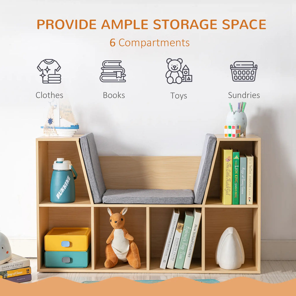 40.5" Kids 6-Cubby Bookcase with Cushioned Reading Nook and Storage Bench
