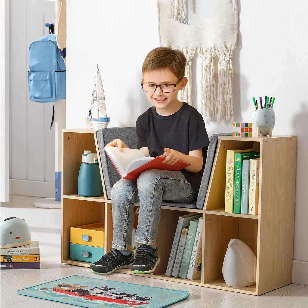 40.5" Kids 6-Cubby Bookcase with Cushioned Reading Nook and Storage Bench
