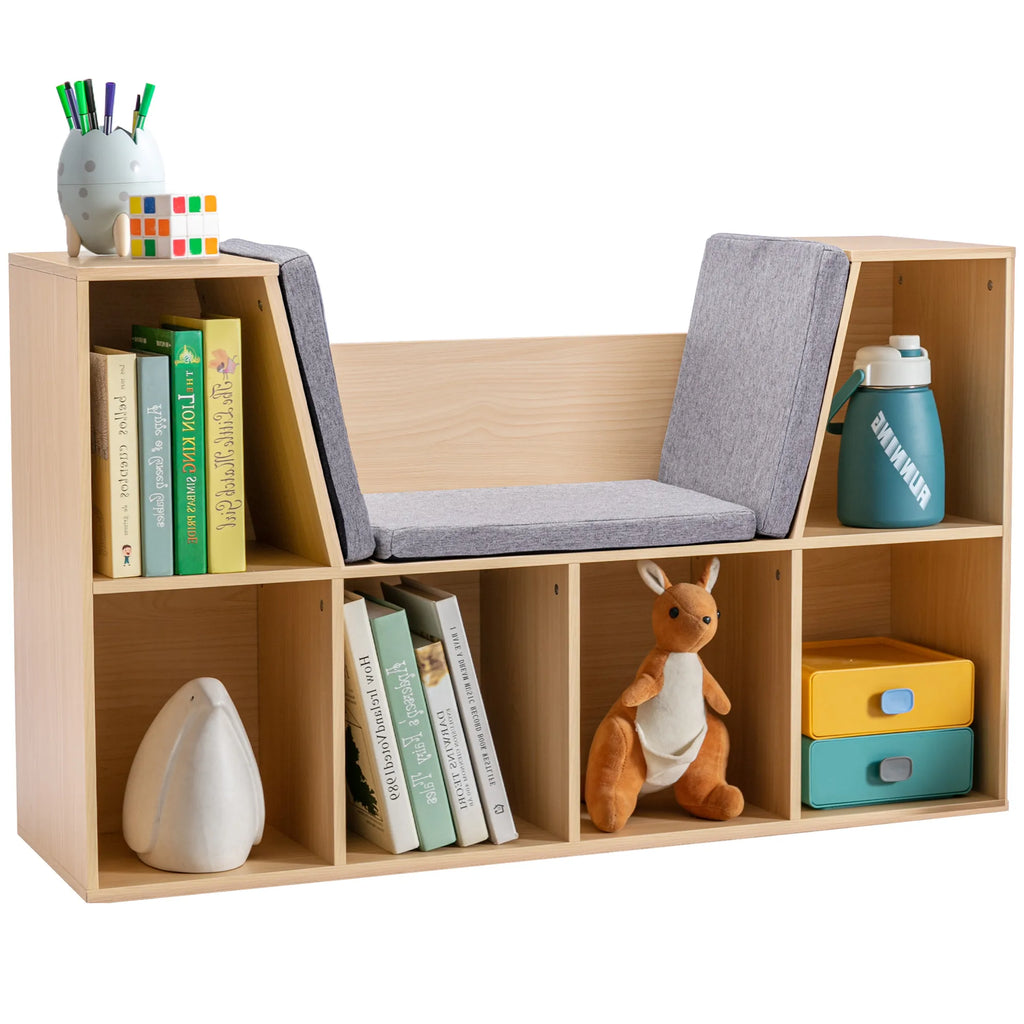 40.5" Kids 6-Cubby Bookcase with Cushioned Reading Nook and Storage Bench